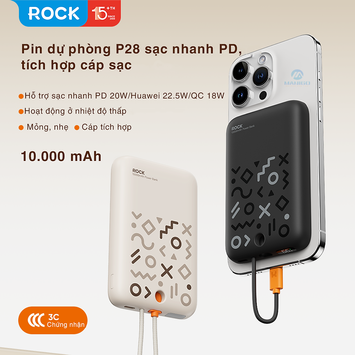 Pin sạc dự phòng sạc nhanh PD 20W ROCKSPACE P28 10.000 mAh Magnetic PD tích hợp cáp sạc nhanh - Hàng chính hãng bảo hành 12 tháng