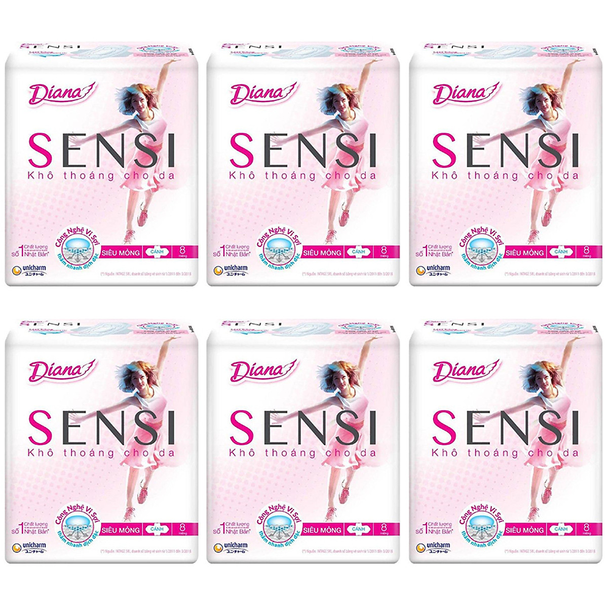 Combo 6 Băng Vệ Sinh Diana Sensi Siêu Mỏng Cánh (Gói 8 Miếng)