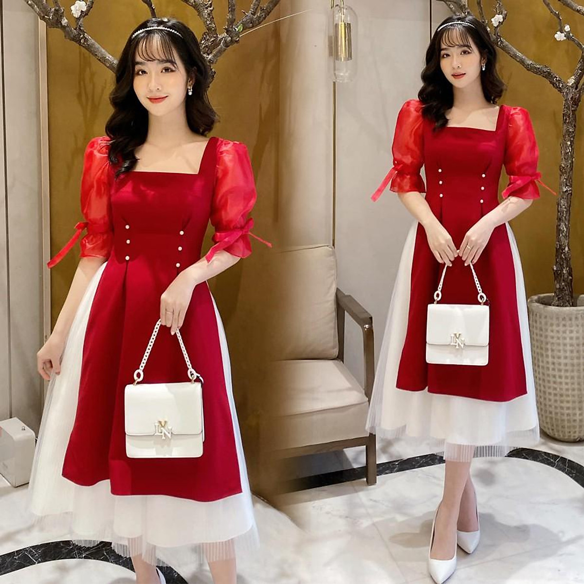 Mua Set Áo Dài Cách Tân Cổ Vuông Tay Bồng - Vbeo368 | Tiki