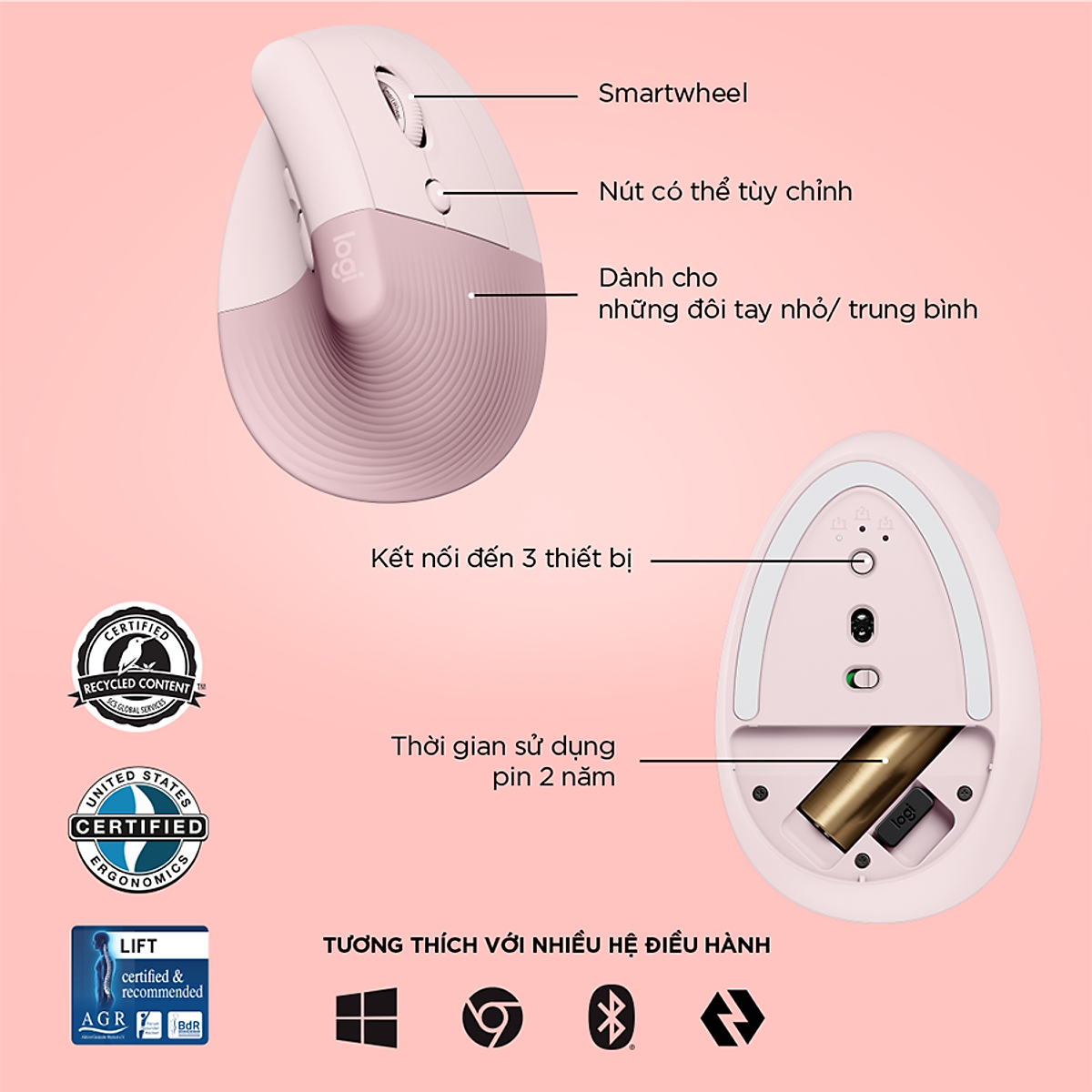 Chuột công thái học không dây Logitech Lift Vertical - Bluetooth|USB Logi Bolt, Silent giảm ồn, 4 nút tùy chỉnh, tương thích với Windows/macOS/iPad/PC - Hàng chính hãng