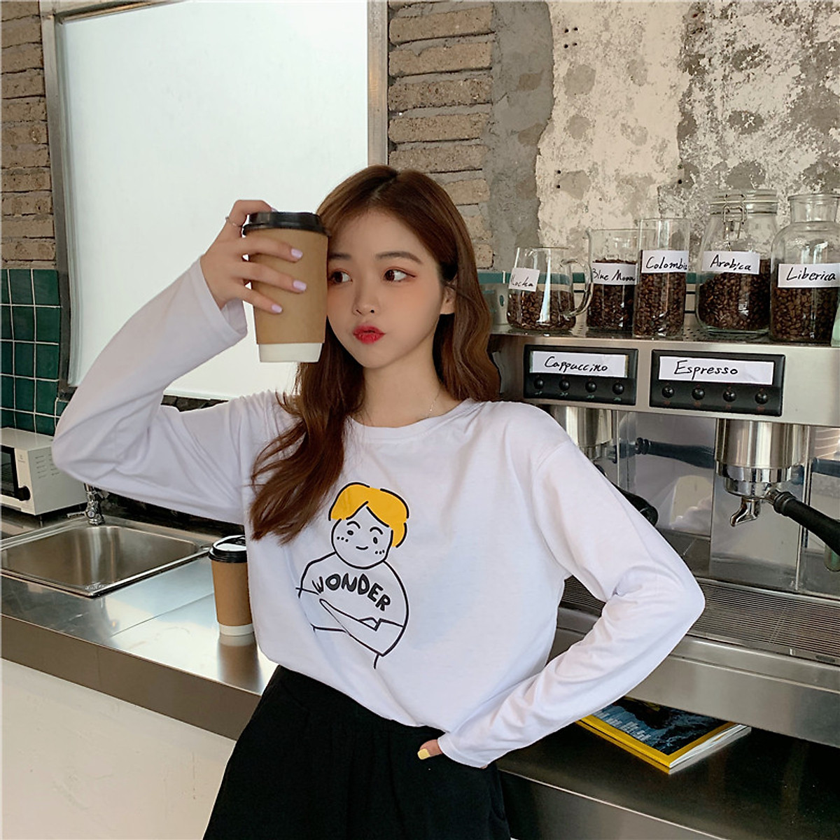 Korean casual t-shirt men and women couple shirt long sleeve round neck print Korean casual t-shirt men and women couple shirt long sleeve round neck print