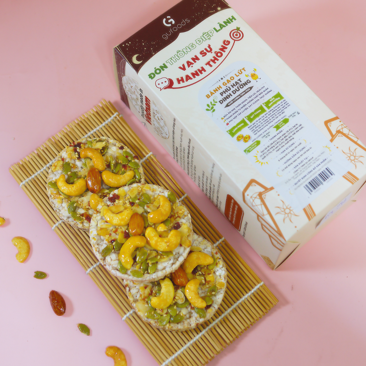 Bánh gạo lứt phủ granola siêu hạt GUfoods - Bữa ăn nhẹ tiện lợi, Giàu dinh dưỡng, Ăn vặt healthy, Nạp nhanh năng lượng, Ăn kiêng, Eat clean, Thuần chay