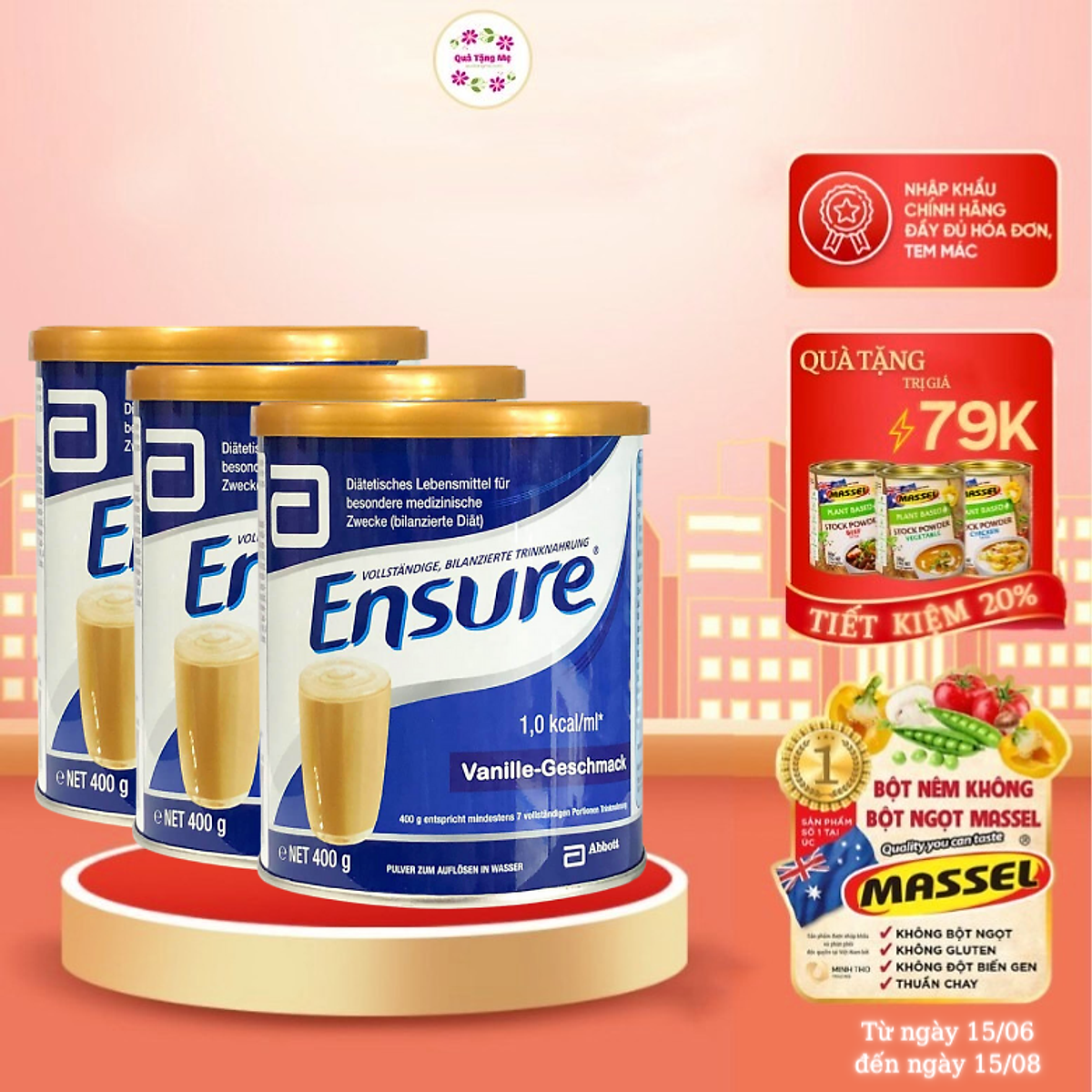 Combo 3 hộp Sữa bột Ensure Powder Vanille-Geschmask 400g - Nhập khẩu Đức