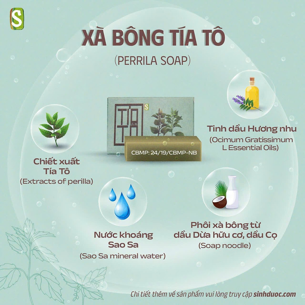 Bánh Xà bông Sinh Dược Tía tô 100 gram mùi hương nhu thơm nhẹ dễ chịu, kèm túi lưới tạo bọt