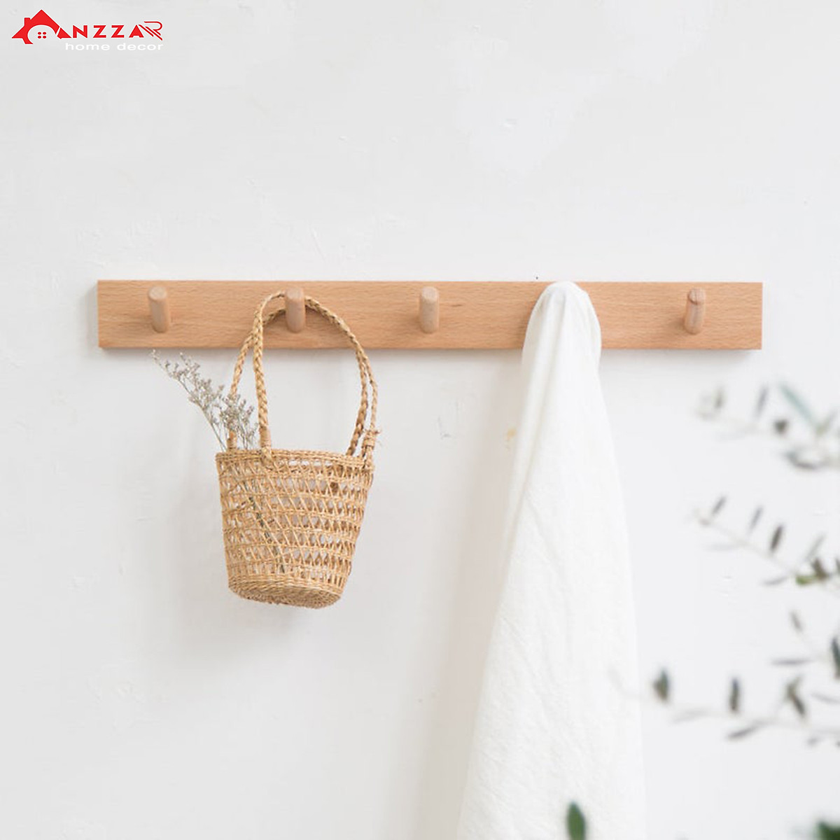 Móc gỗ treo tường trang trí, móc gỗ treo quần áo, phụ kiện Anzzar, decor phòng ngủ