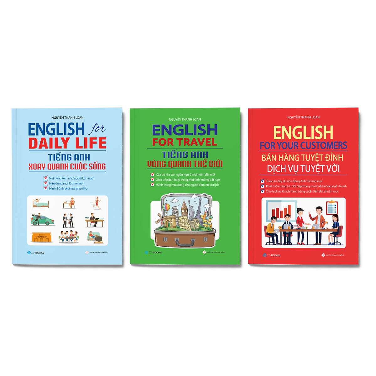 Combo 3 cuốn Tự học tiếng anh giao tiếp: English For Your Customers - Bán Hàng Tuyệt Đỉnh Dịch Vụ Tuyệt Vời + English For Daily Life - Tiếng Anh Xoay Quanh Cuộc Sống + English For Travel - Tiếng Anh Vòng Quanh Thế Giới