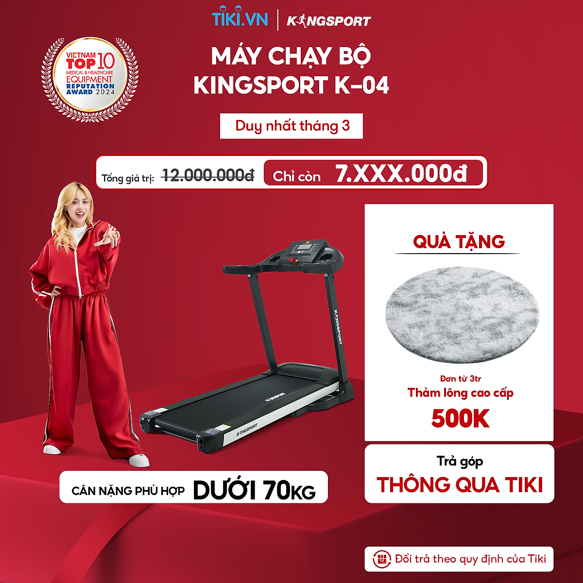 CHỈ GIAO MIỀN NAM Máy chạy bộ KINGSPORT Plus K-04 đơn năng,thảm chạy rộng chống trơn, thiết kế nhỏ gọn, cân nặng phù hợp từ dưới 70kg