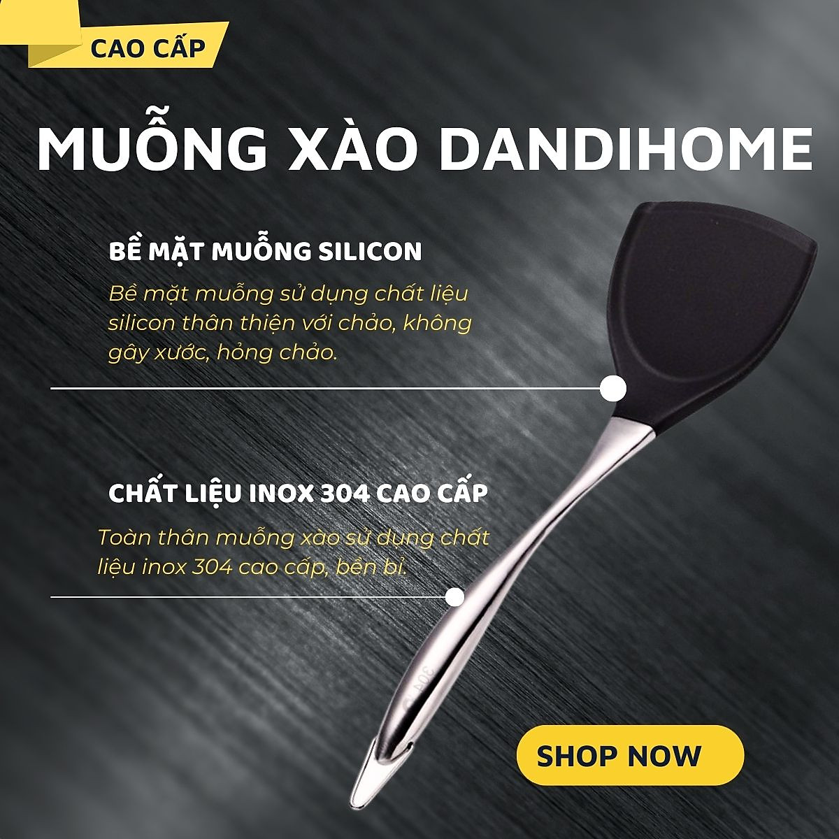 Muỗng xào DandiHome Inox 304 kết hợp bề mặt muỗng silicon cao cấp - chịu được nhiệt độ cao, an toàn với chảo chống dính