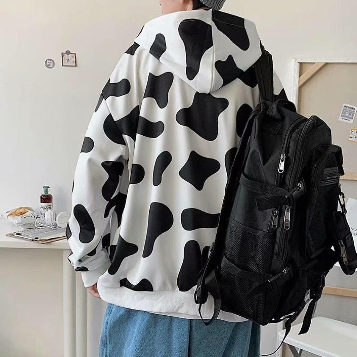 Áo Khoác Nỉ Bông - Áo Hoodie Khóa ZIP Bò Sữa Trắng Đen - Form Rộng Unisex Nam Nữ Ulzzang Kun