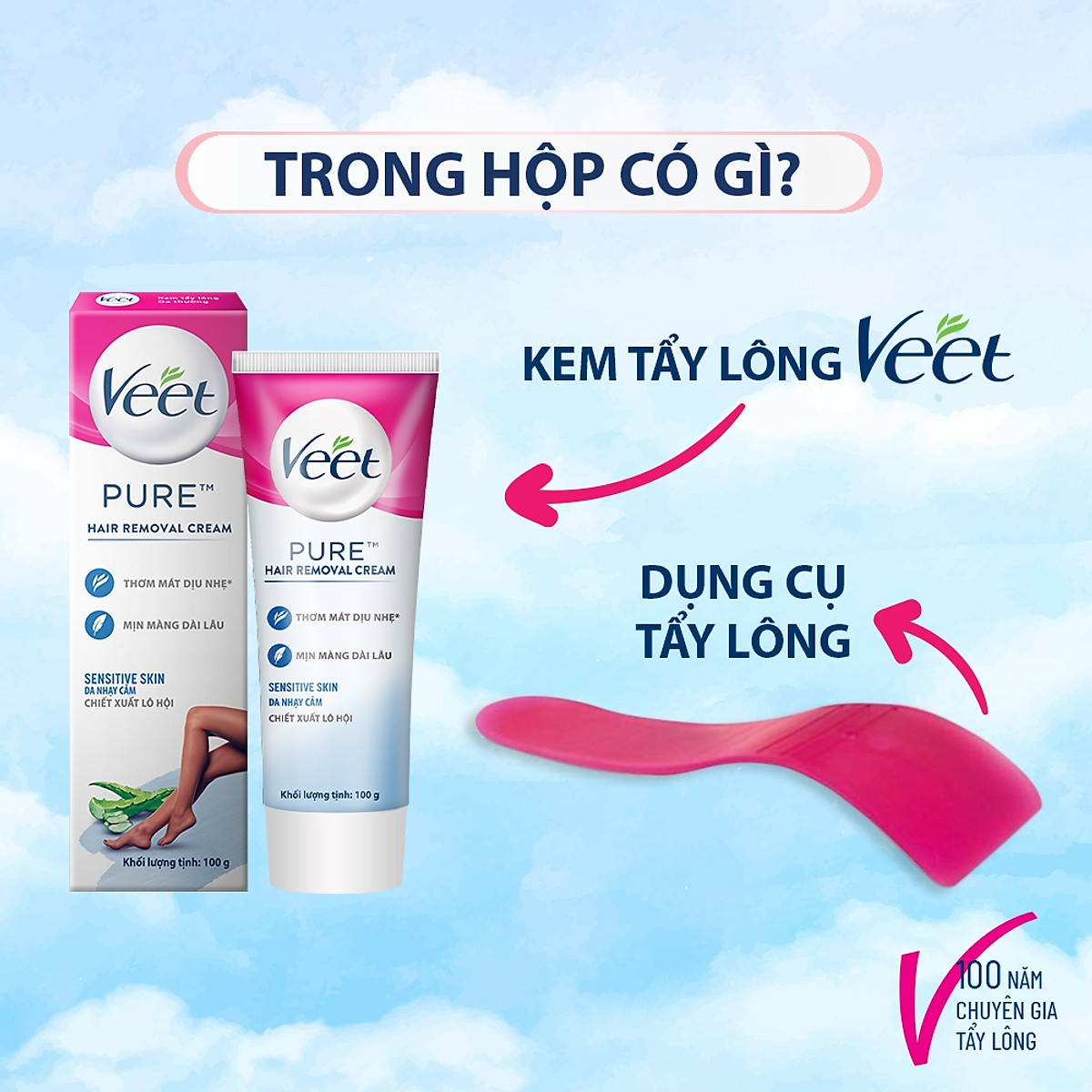 Kem tẩy lông Veet cho da nhạy cảm, hộp lớn 100g tiết kiệm, công thức Pure cải tiến