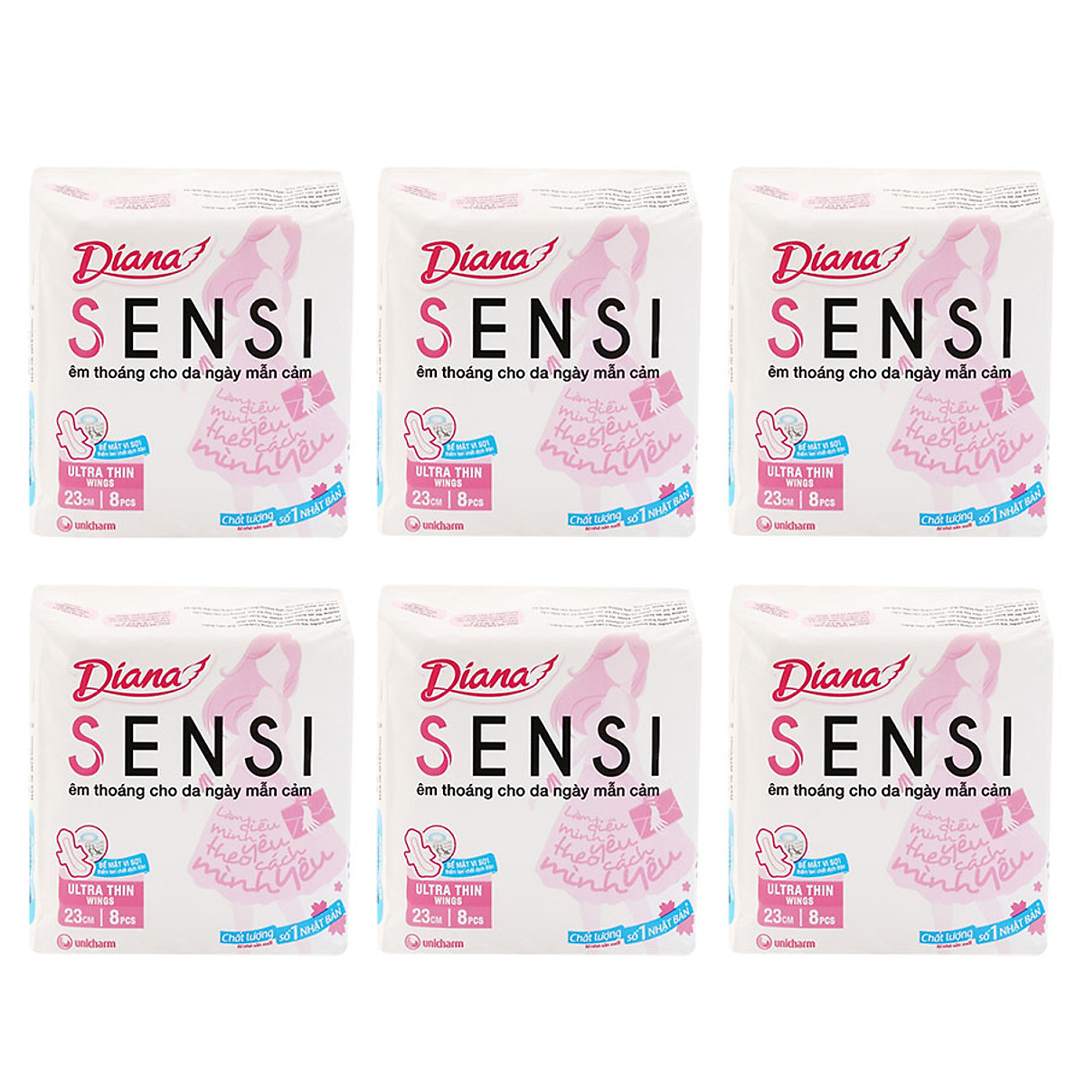 Combo 6 Băng Vệ Sinh Diana Sensi Siêu Mỏng Cánh (Gói 8 Miếng)