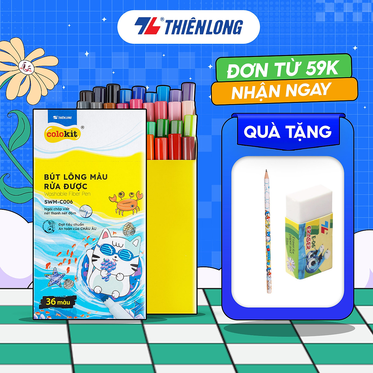 Bút Lông Màu Thiên Long Fiber Pen Washable SWM-C006 - 36 Màu- Viết Được Nét Mảnh Nét To- Mực rửa được