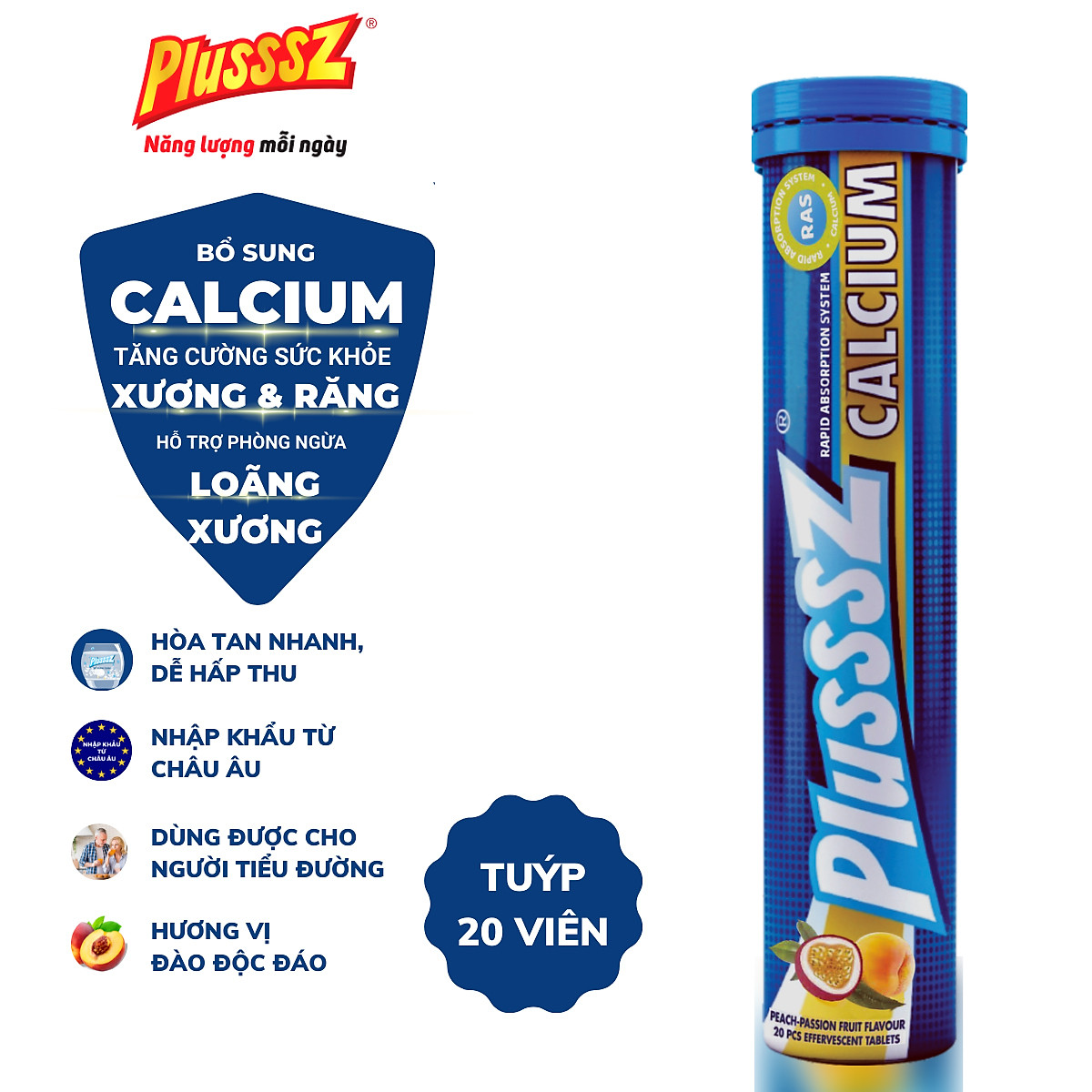Viên bổ sủi bọt Plusssz Calcium Vị Đào không đường