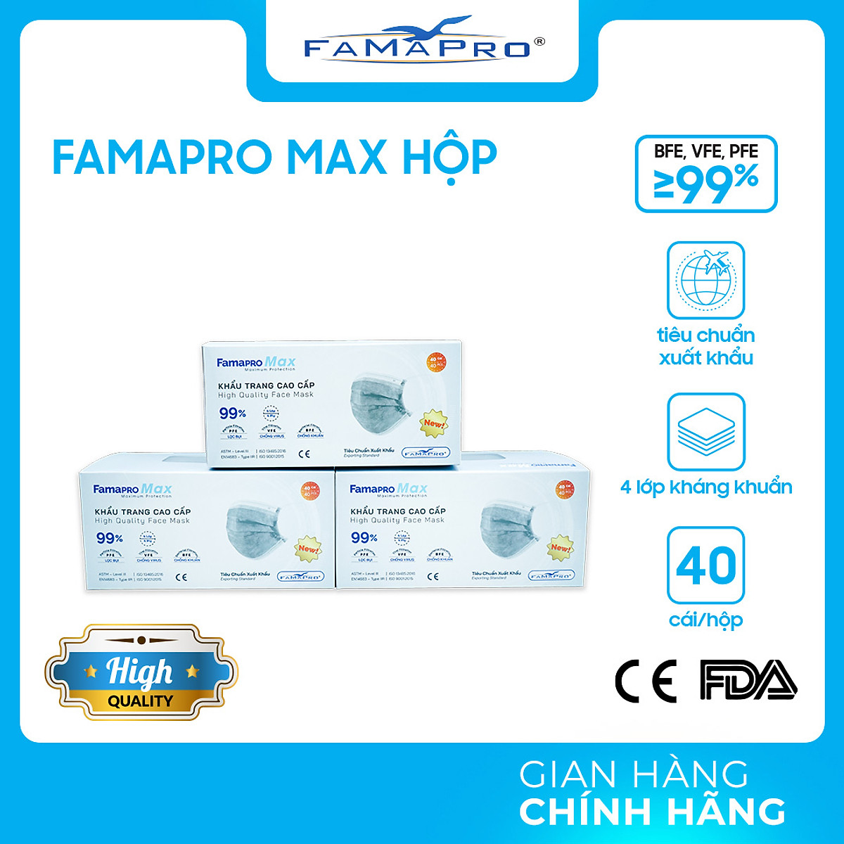 - Khẩu trang y tế kháng khuẩn 4 lớp Famapro Max (40 cái/ hộp) - COMBO 3 HỘP
