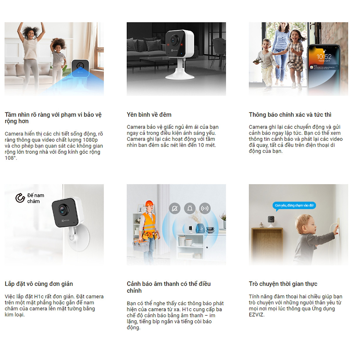 Camera Wi-fi EZVIZ H1C/C1HC Trong Nhà, FHD 1080P, Góc Rộng Cố Định, Đàm Thoại Hai Chiều, Nén Video H265 - Hàng Chính Hãng