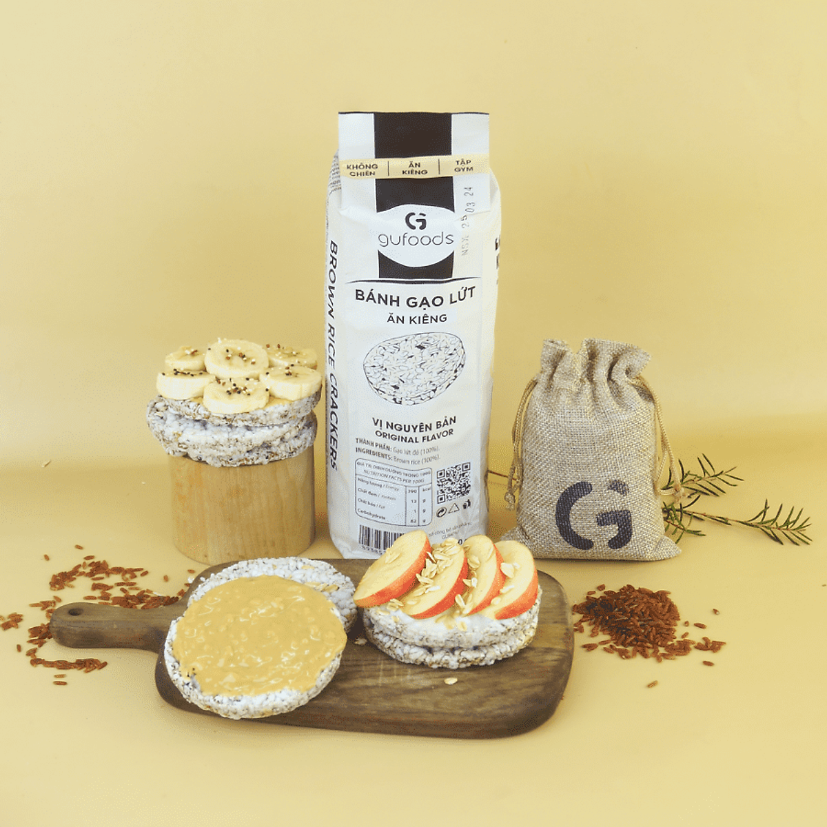Bánh gạo lứt nguyên hạt ăn kiêng GUfoods (Gói 170g=18 bánh) - Không chiên dầu, Phù hợp Eat clean, Ăn vặt healthy, Thực dưỡng, Tập Gym, Giảm cân
