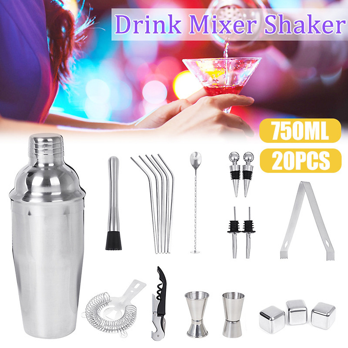 Mua 750ml(20pcs/set) Premium Stainless Steel Shaker Barware Set Cocktail  Shaker Kit Milk Tea Drink Mixer Bartender Martini Bar Set With Optional  Stand