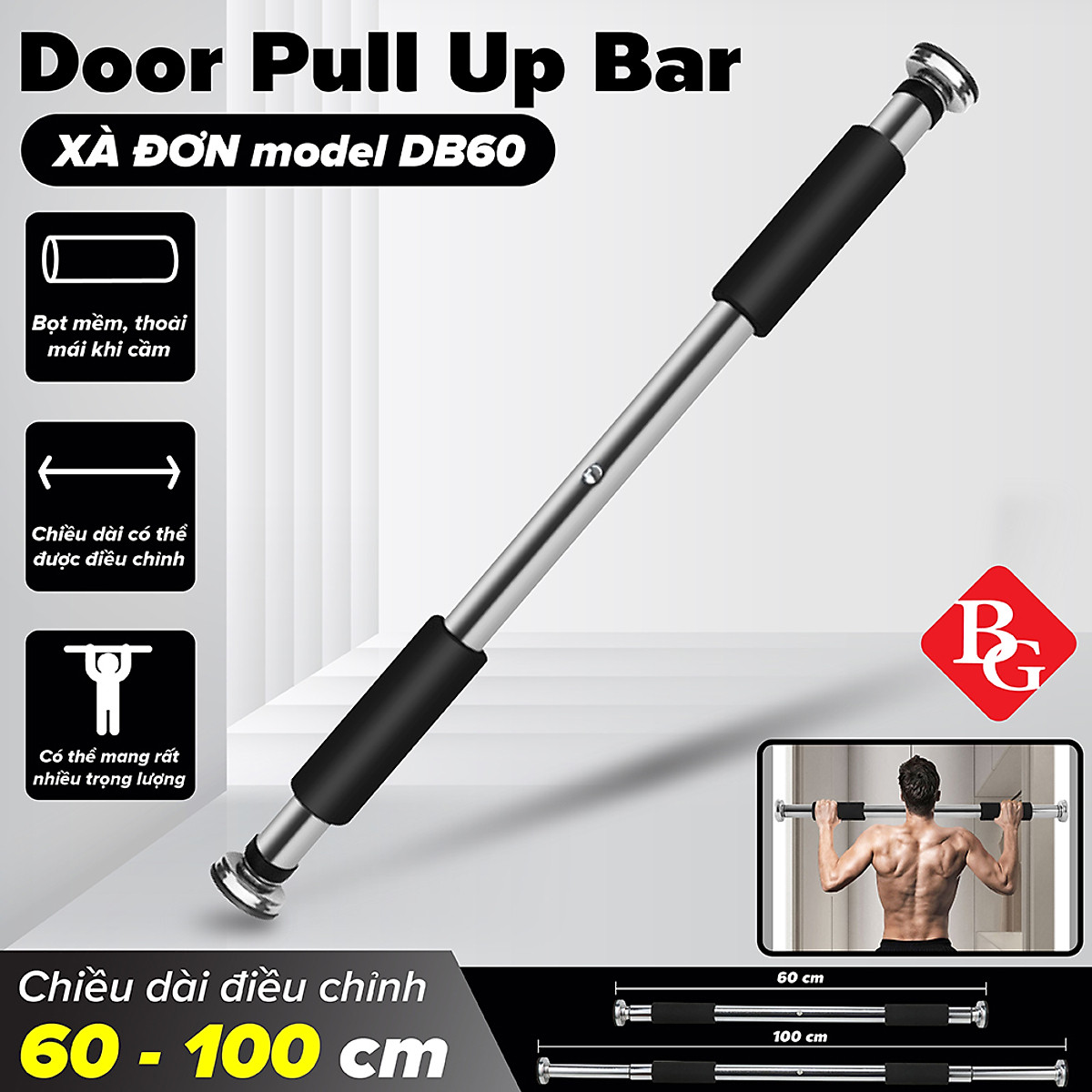 Xà đơn treo tường gắn cửa đa năng cao cấp tập thể dục tại nhà,Tay Cầm Bọc Đệm PVC Chống Trượt