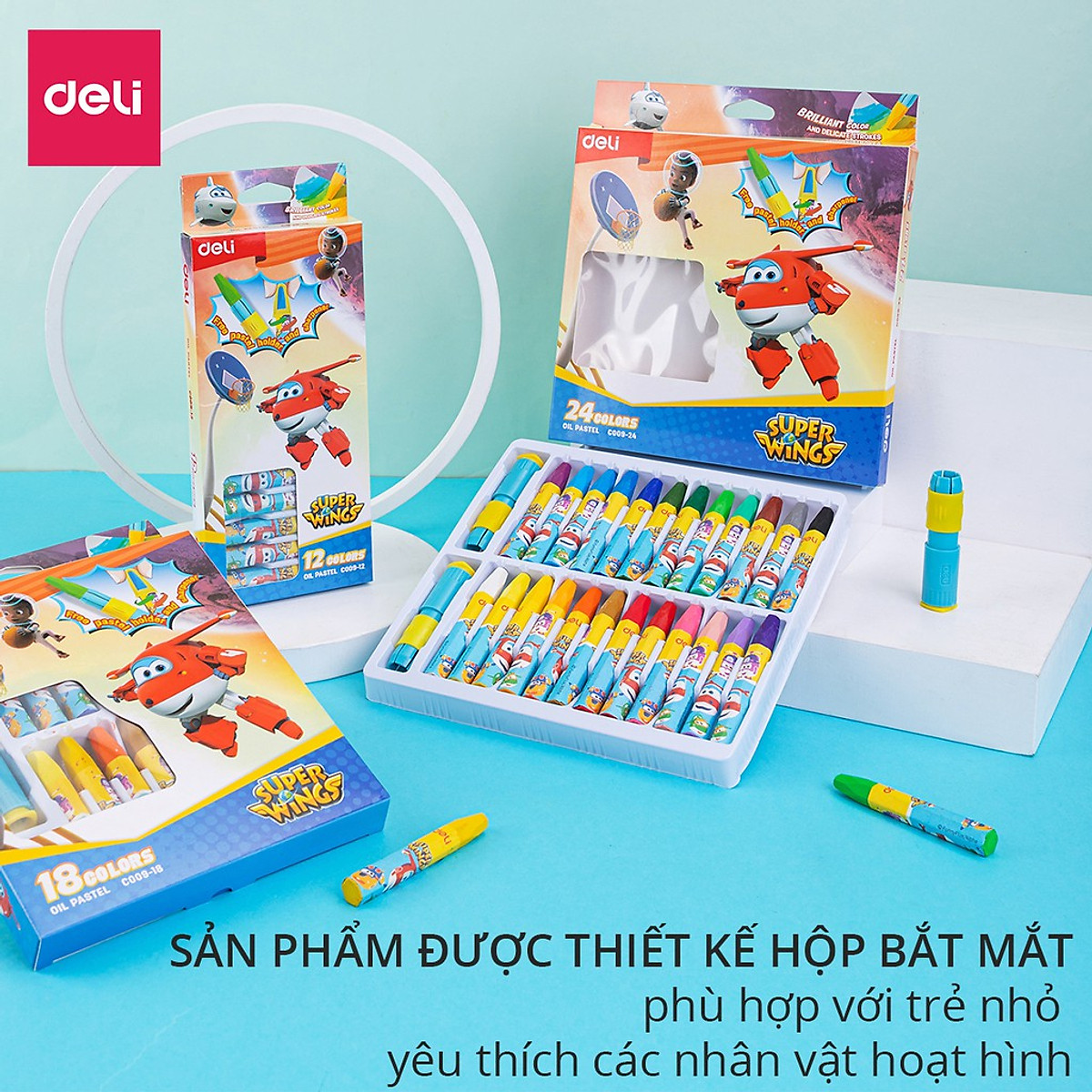 Bút sáp dầu Super Wings x Deli – thân lục giác – 12/18/24 màu - EC009-12 /EC009-18/ EC009-24