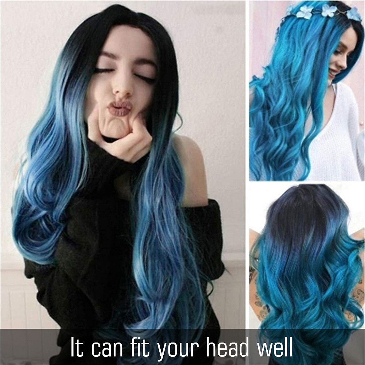 Mua 24'' Natural Soft Long Wavy Ombre Sky Blue Wig Hair Extensions Synthetic Fiber Hair Wigs High Temperature Heat Mua 24'' Natural Soft Long Wavy Ombre Sky Blue Wig Hair Extensions Synthetic Fiber Hair Wigs High Temperature Heat