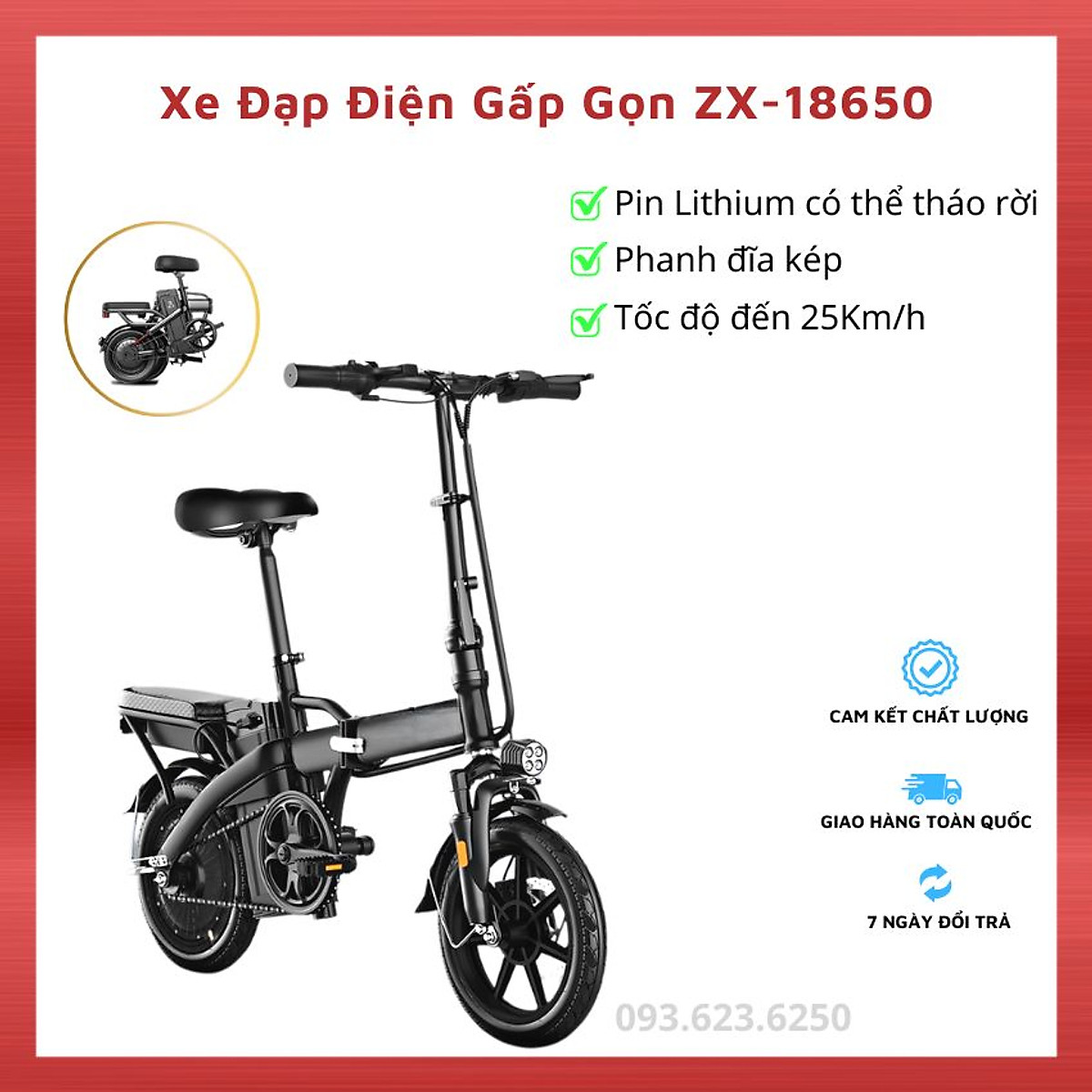 Xe đạp điện gấp gọn XZ-18650 pin trâu 8A- 48V(30km/1 lần sạc) tốc
