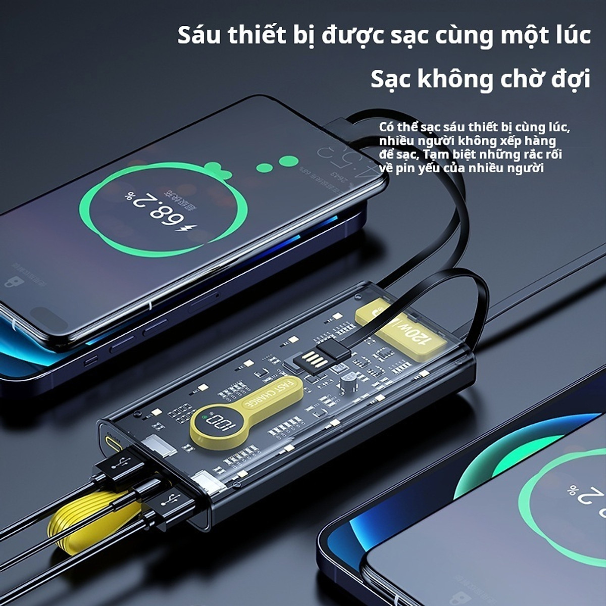 Sạc Dự Phòng trong suốt 30000mAh - sạc siêu nhanh, tích hợp 4 cáp, 2 cổng usb, sạc cùng lúc nhiều điện thoại - Hàng chính hãng