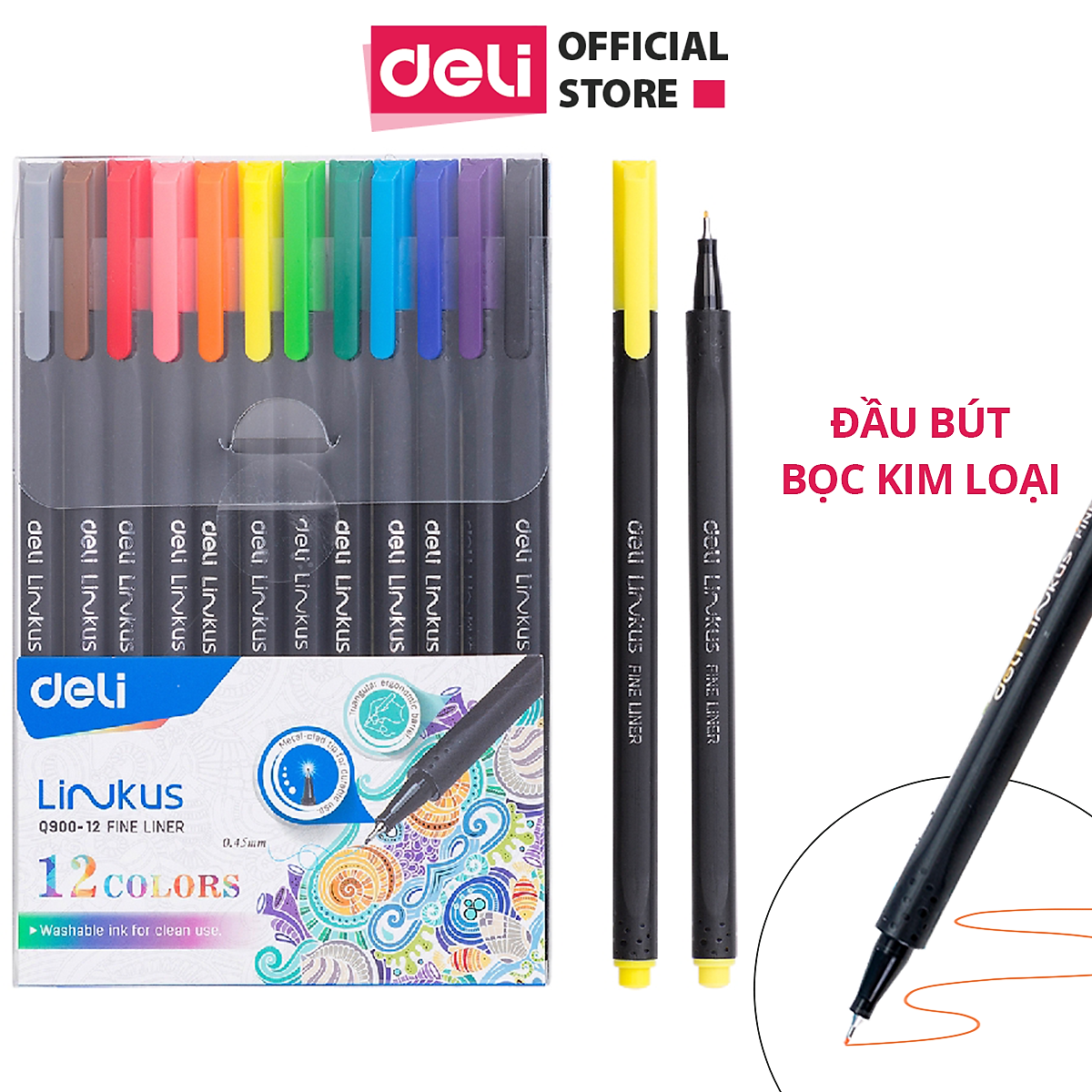 Bút đi nét Deli - Ngòi bọc kim loại 0.45mm - Mực có thể rửa được - EQ900