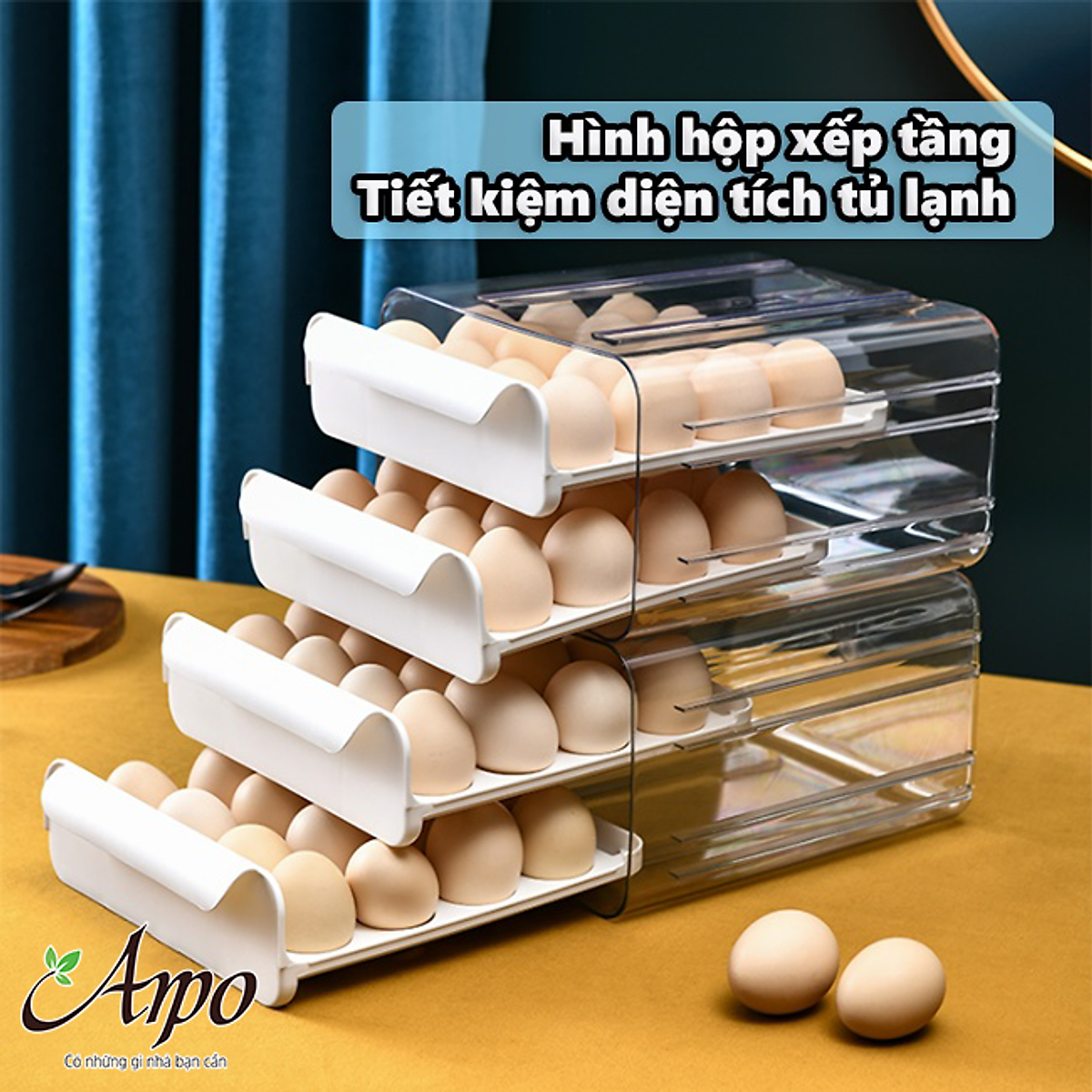Hộp Đựng Trứng Hai Tầng 32 Ô Tiện Dụng Tích Hợp Khay Trượt Đựng Trứng gà Phong Cách Nhật Bản