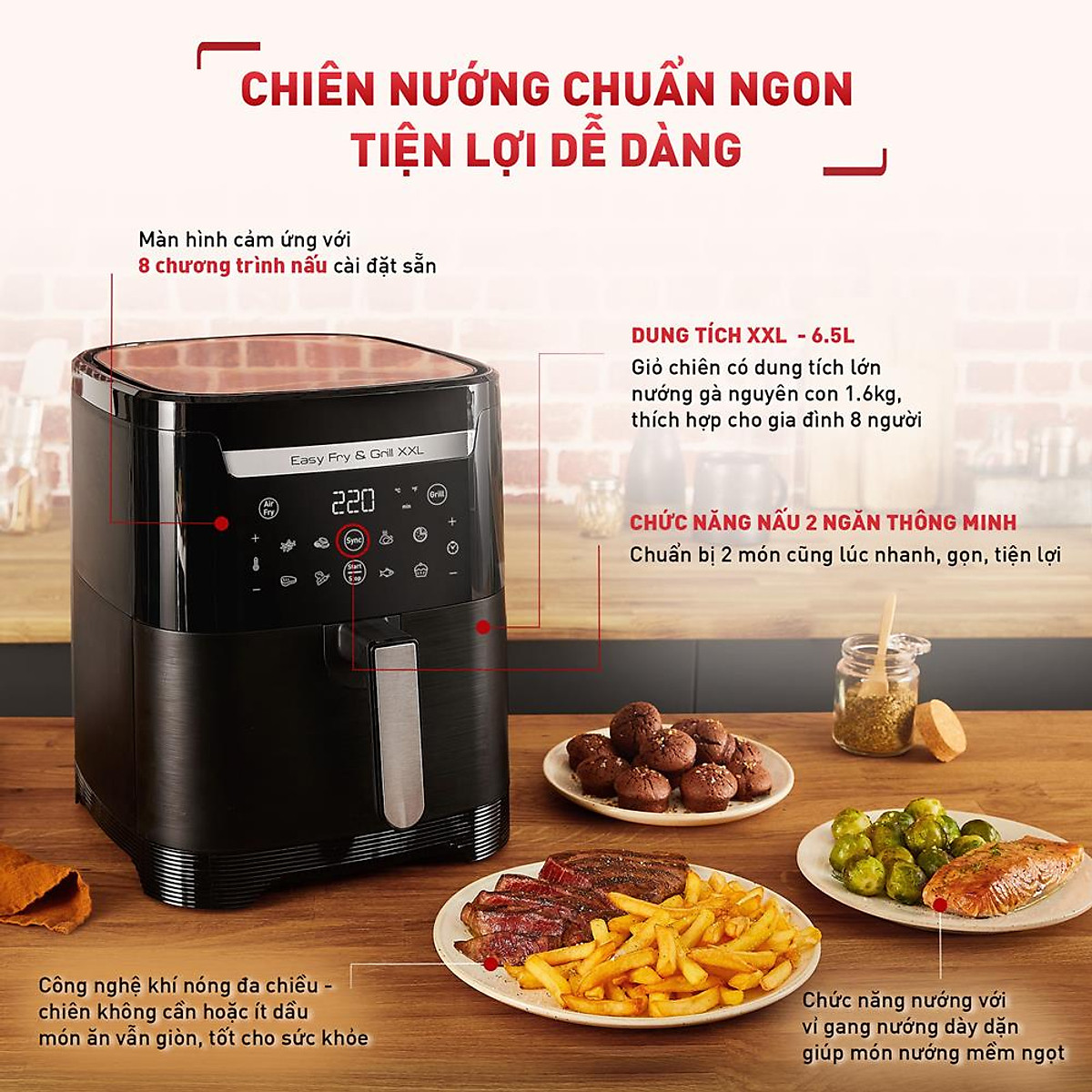 Nồi chiên không dầu Tefal 2in1 Easy Fry & Grill 6.5L  XXL EY801815 - Hàng chính hãng