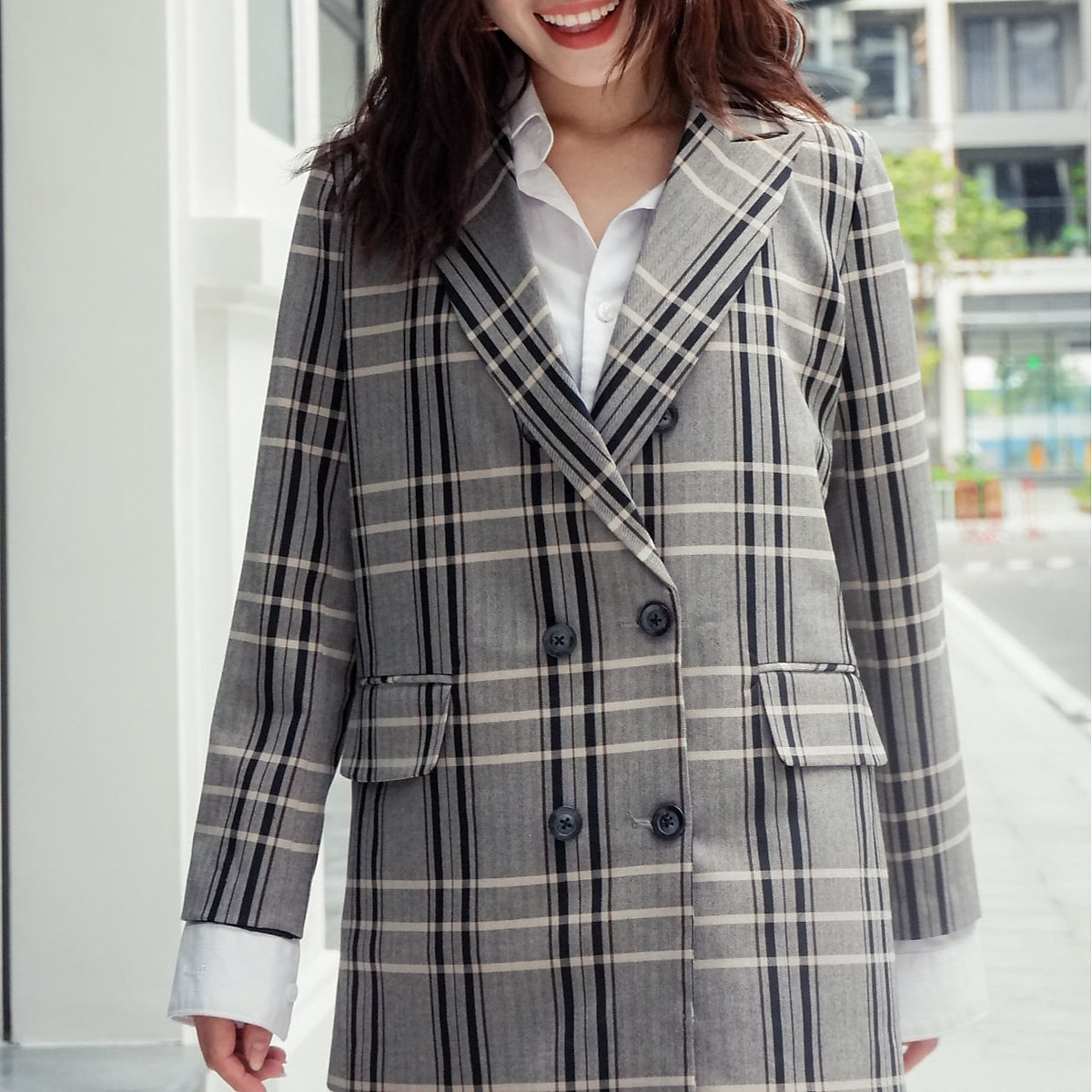checkered long blazer