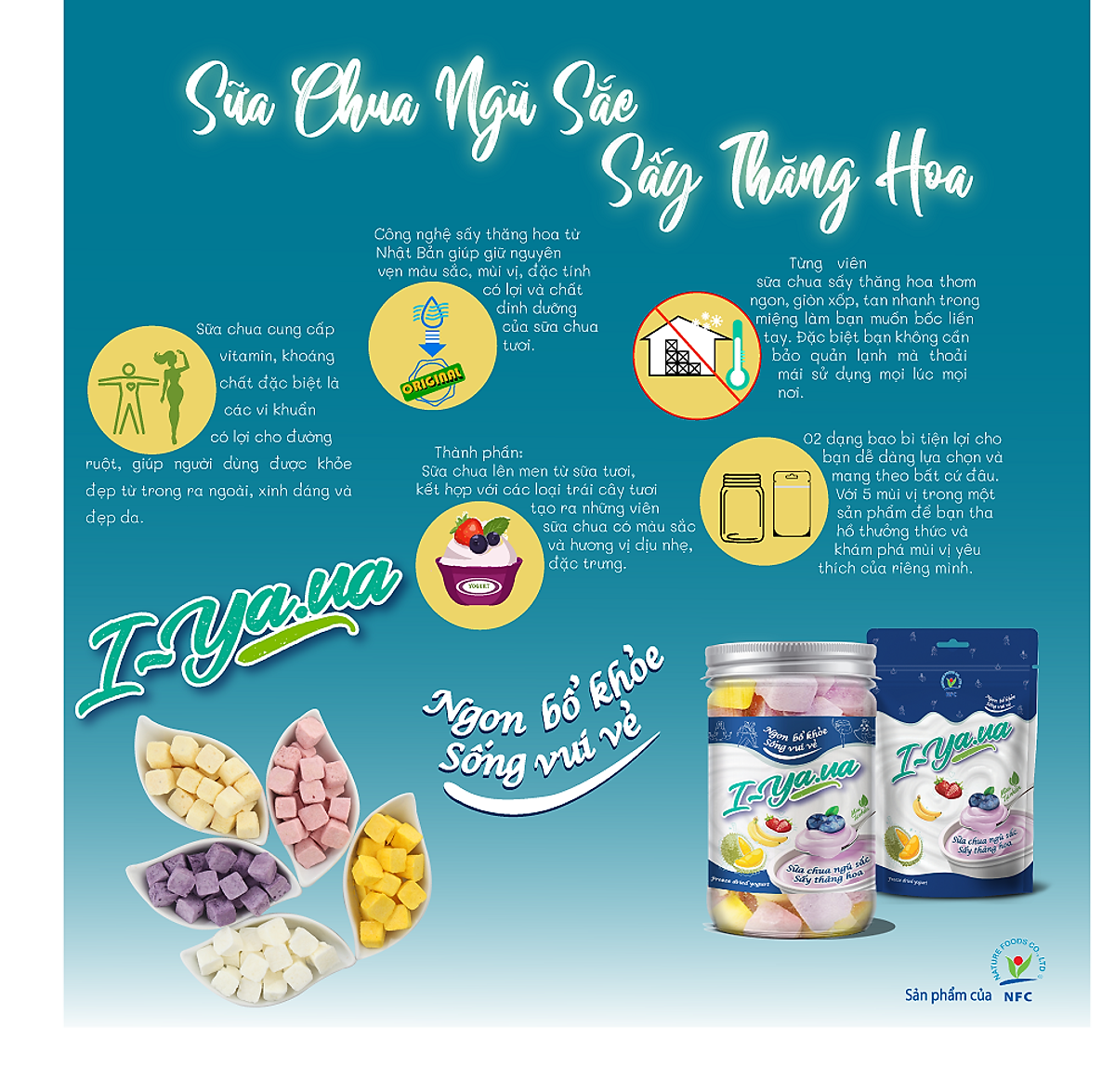 Sữa chua sấy thăng hoa I.Yaua túi 25g mix 05 vị (việt quất, sầu riêng, chuối, dâu và truyền thống)