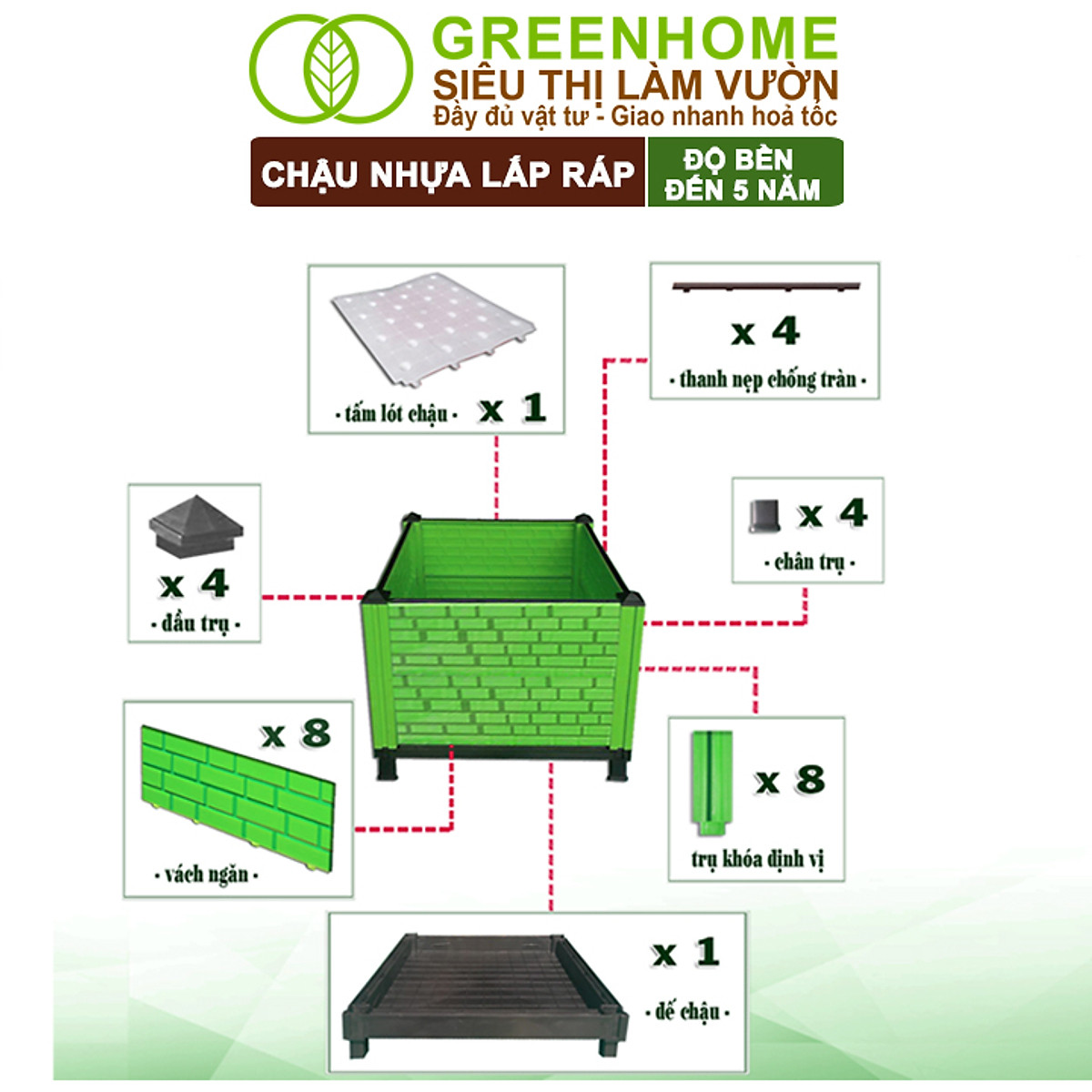 Chậu Trồng Cây Greenhome, Nhựa Nguyên Sinh Lắp Ráp, Nhiều Kích Thước, Trồng Hoa Hồng, Rau, Củ, Quả, Độ Bền 5 Năm