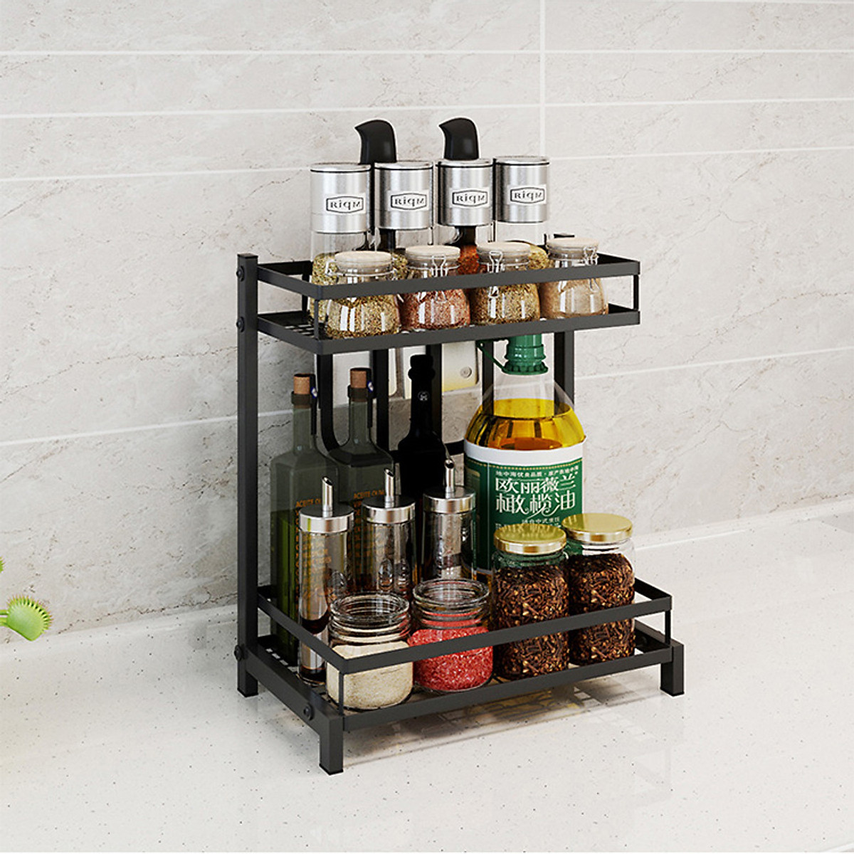 Kệ gia vị chữ E cao cấp VANDO bằng thép carbon chống gỉ, chống xước, kệ đựng chai lọ gia vị đa năng, kệ để đồ nhà bếp gọn gàng, sang trọng