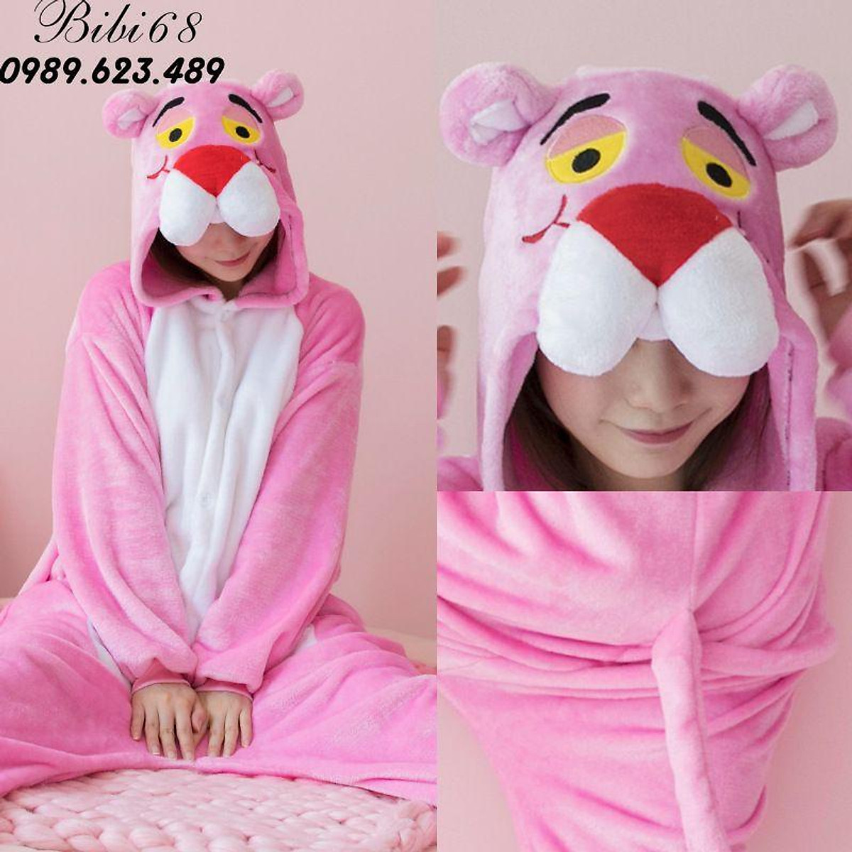 Bộ Đồ hình thú báo hồng liền thân lông mịn Pijama Cho Người Lớn và Trẻ