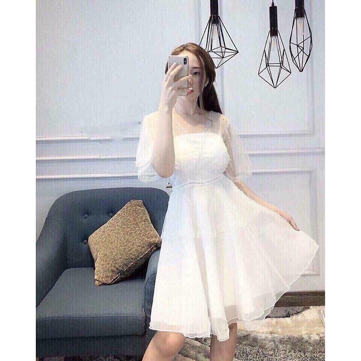 Đầm xòe cổ sơ mi viền màu trắng dễ thương