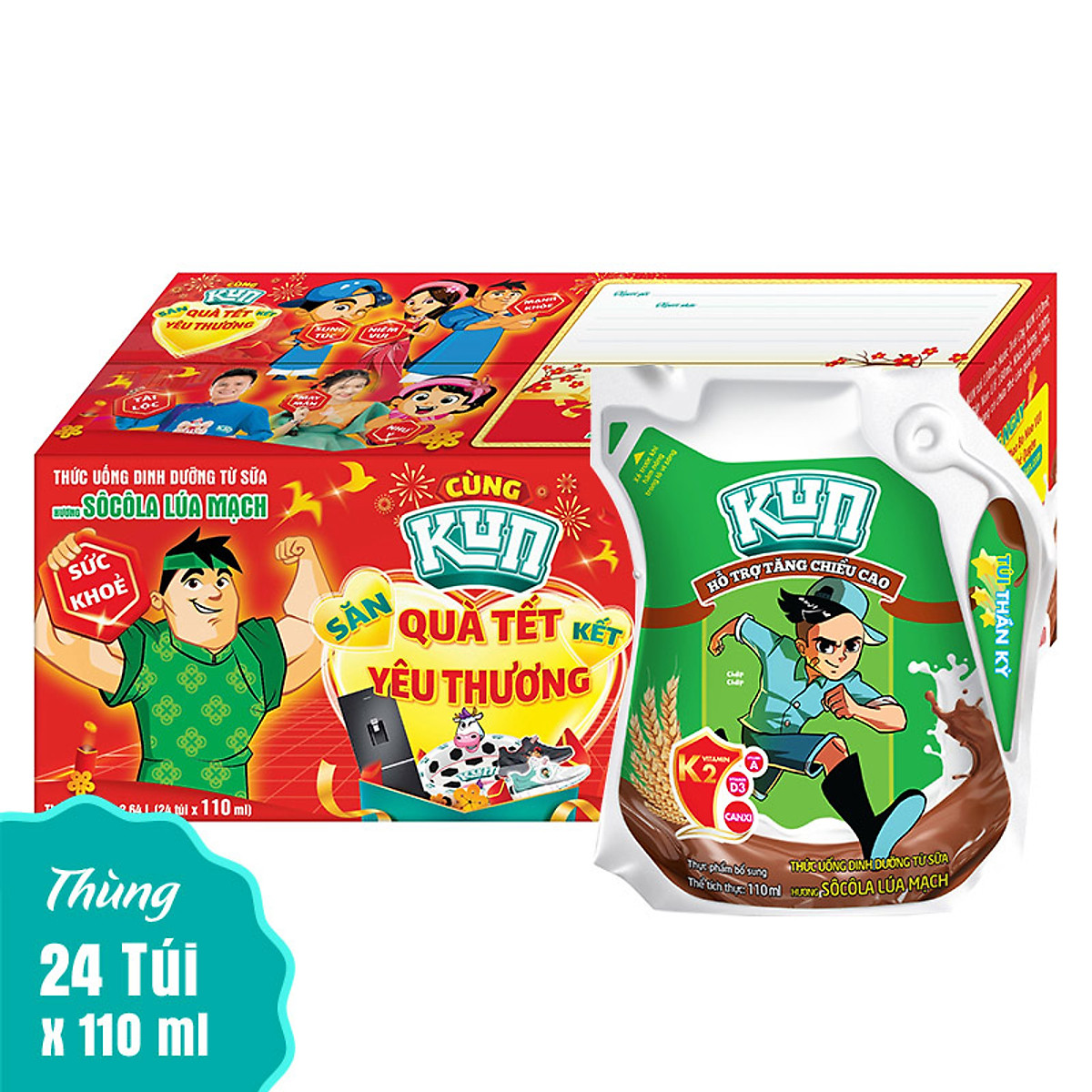 Thùng 24 Túi Sữa Socola Lúa Mạch KUN 110ml/túi