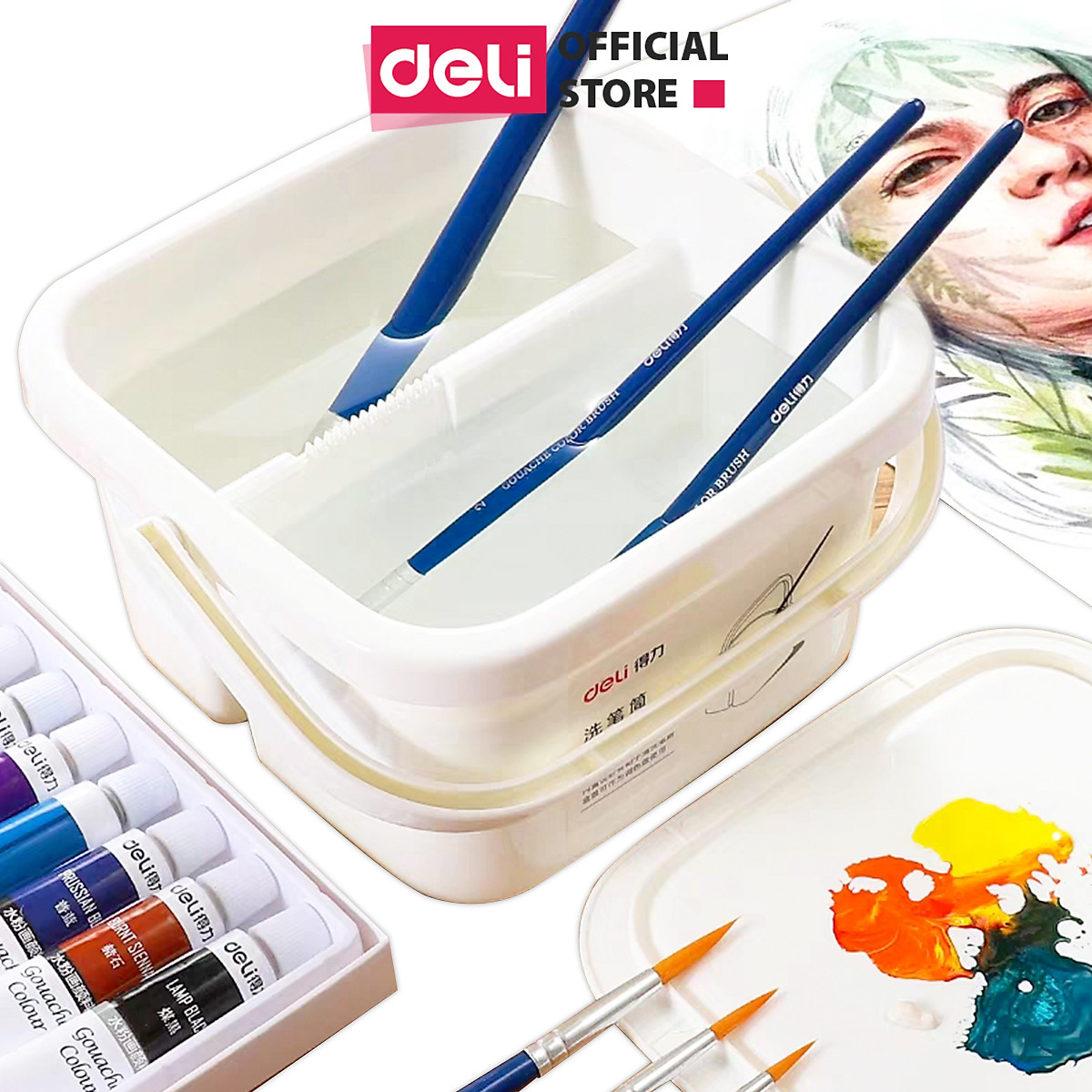 Xô rửa cọ vẽ 2 ngăn bằng nhựa Deli - Kèm nắp - 1 chiếc - 73874