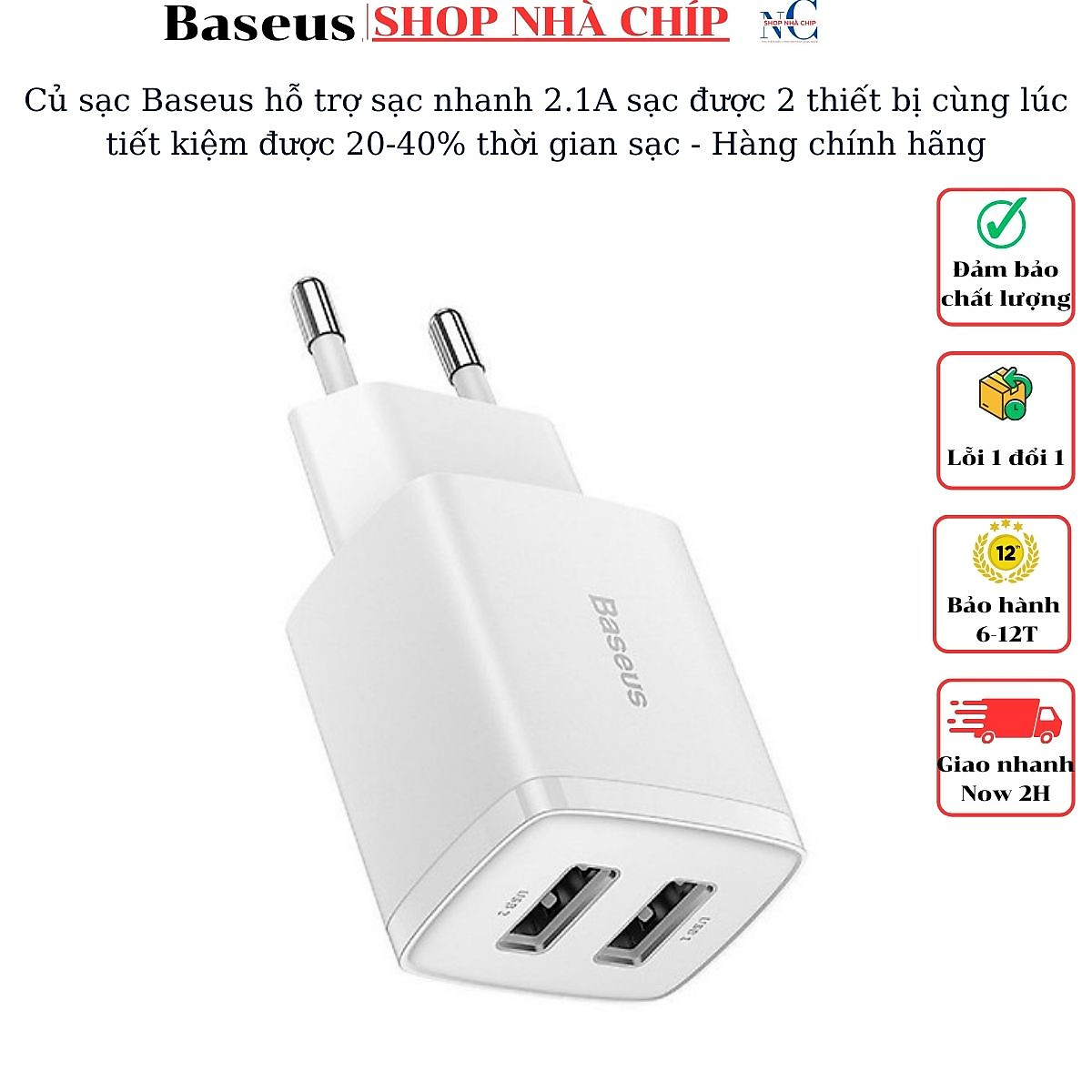 Củ sạc Baseus hỗ trợ sạc nhanh 2.1A sạc được 2 thiết bị cùng lúc tiết kiệm được 20-40% thời gian sạc - Hàng chính hãng