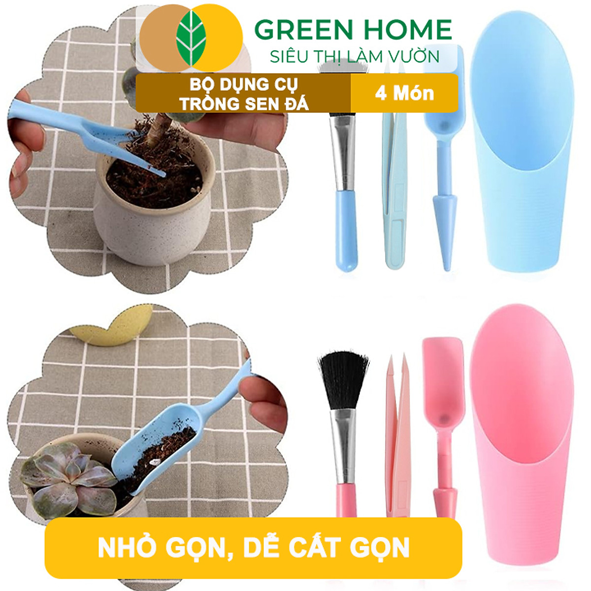 Dụng Cụ Làm Vườn GreenHome, Mini 4 Món, Chuyên Trồng Sen Đá, Xương Rồng, Tiểu Cảnh Mini, Màu Ngẫu Nhiên