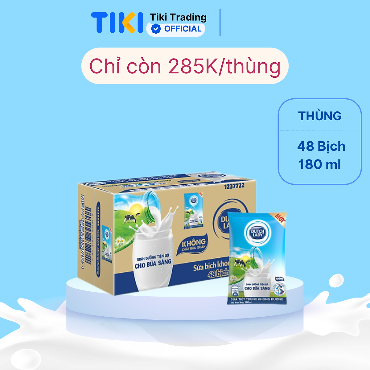 Thùng 48 Bịch Sữa Tiệt Trùng Dutch Lady Cô Gái Hà Lan Không Đường 180ml
