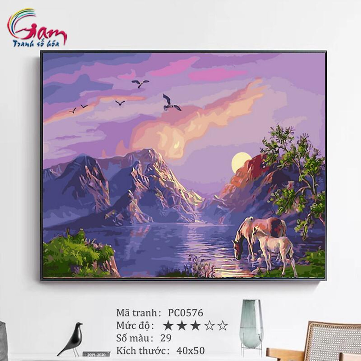 Tranh sơn dầu số hóa tự tô màu phong cảnh - Mã PC0576 Đôi ngựa dưới ánh Tranh Sơn Dầu Số Hóa Tự Tô Màu Phong Cảnh - Mã Pc0576 Đôi Ngựa Dưới Ánh