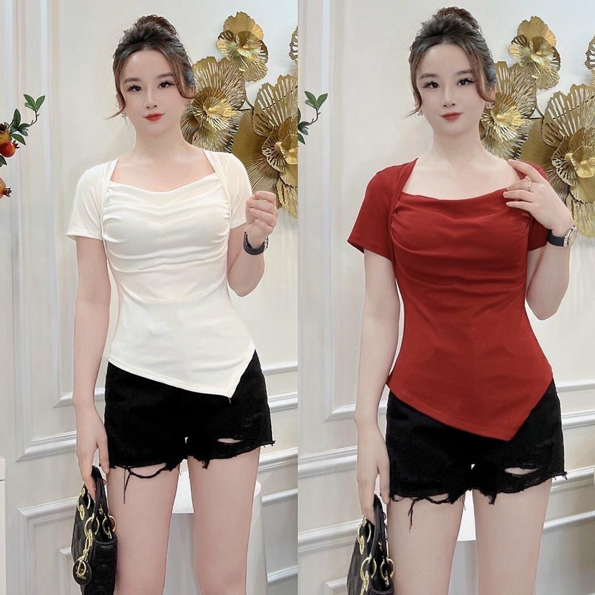 Áo thun kiểu cổ vuông vạt nhọn, Áo kiểu ngắn tay dáng ôm sexxy CS5521 - NhiNhi Áo Thun Kiểu Cổ Vuông Vạt Nhọn, Áo Kiểu Ngắn Tay Dáng Ôm Sexxy Cs5521 - Nhinhi