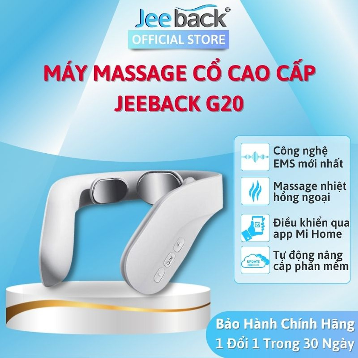 Máy massage cổ vai gáy Jeeback G20 tích hợp remote điều khiển, điều khiển kết nối App, massage nhiệt 3 mức tùy chọn, 4 chế độ massage kết hợp 15 mức cường độ, hàng chính hãng