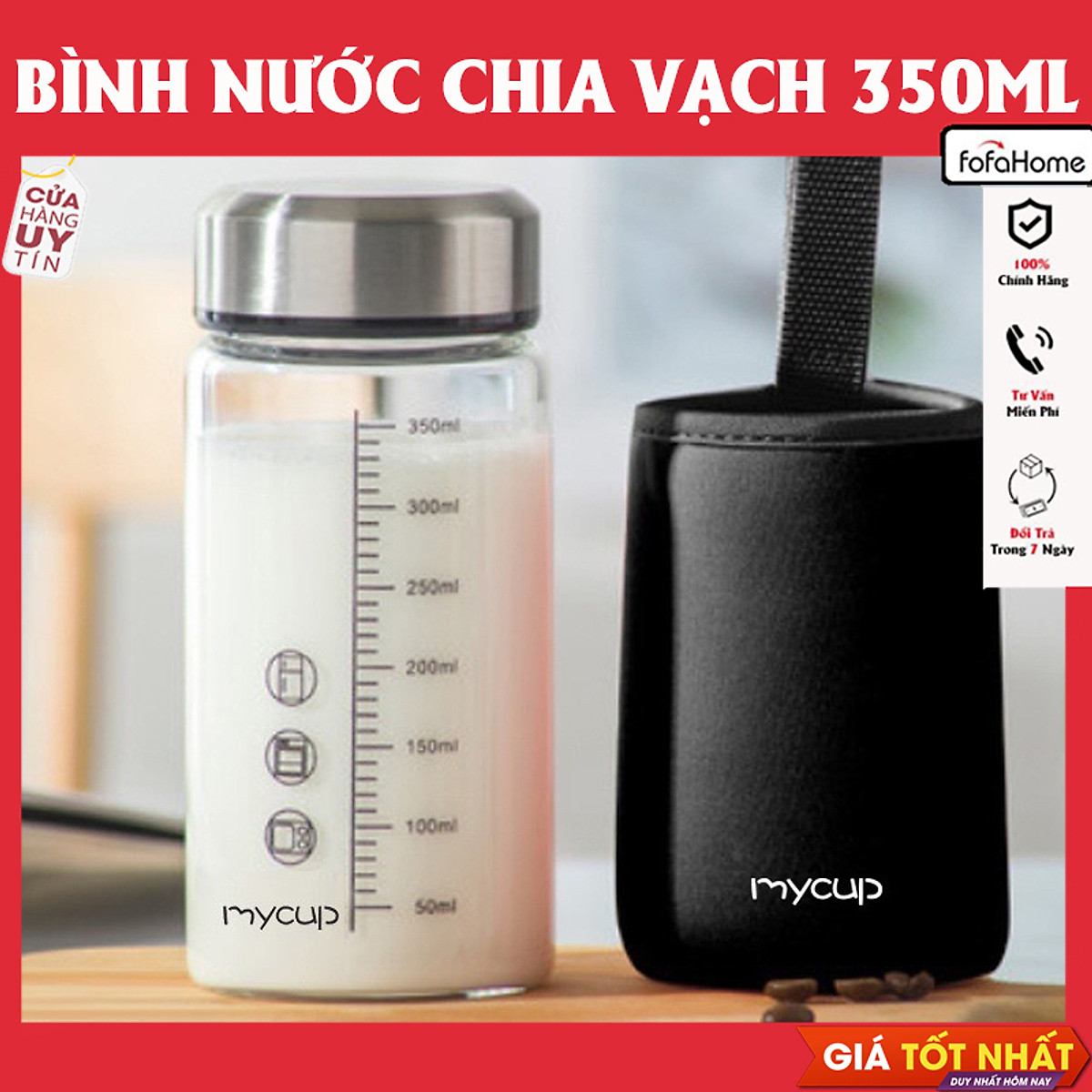Chai Thủy Tinh Nắp Inox Có Thang Chia Vạch Chịu Nhiệt Tốt Có Lọc Chặn Trà Dung Tích 350ml Tặng Kèm Túi Giao Màu Ngẫu Nhiên