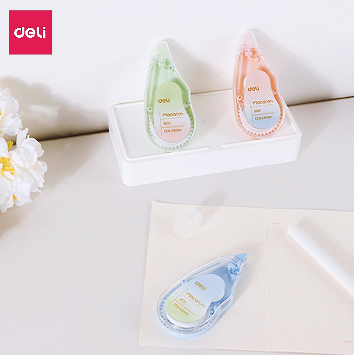 Băng xóa bút xóa kéo 12m Deli - Hình trái cây - Hồng/Xanh lá/Xanh dương - Set 3 chiếc - EH333