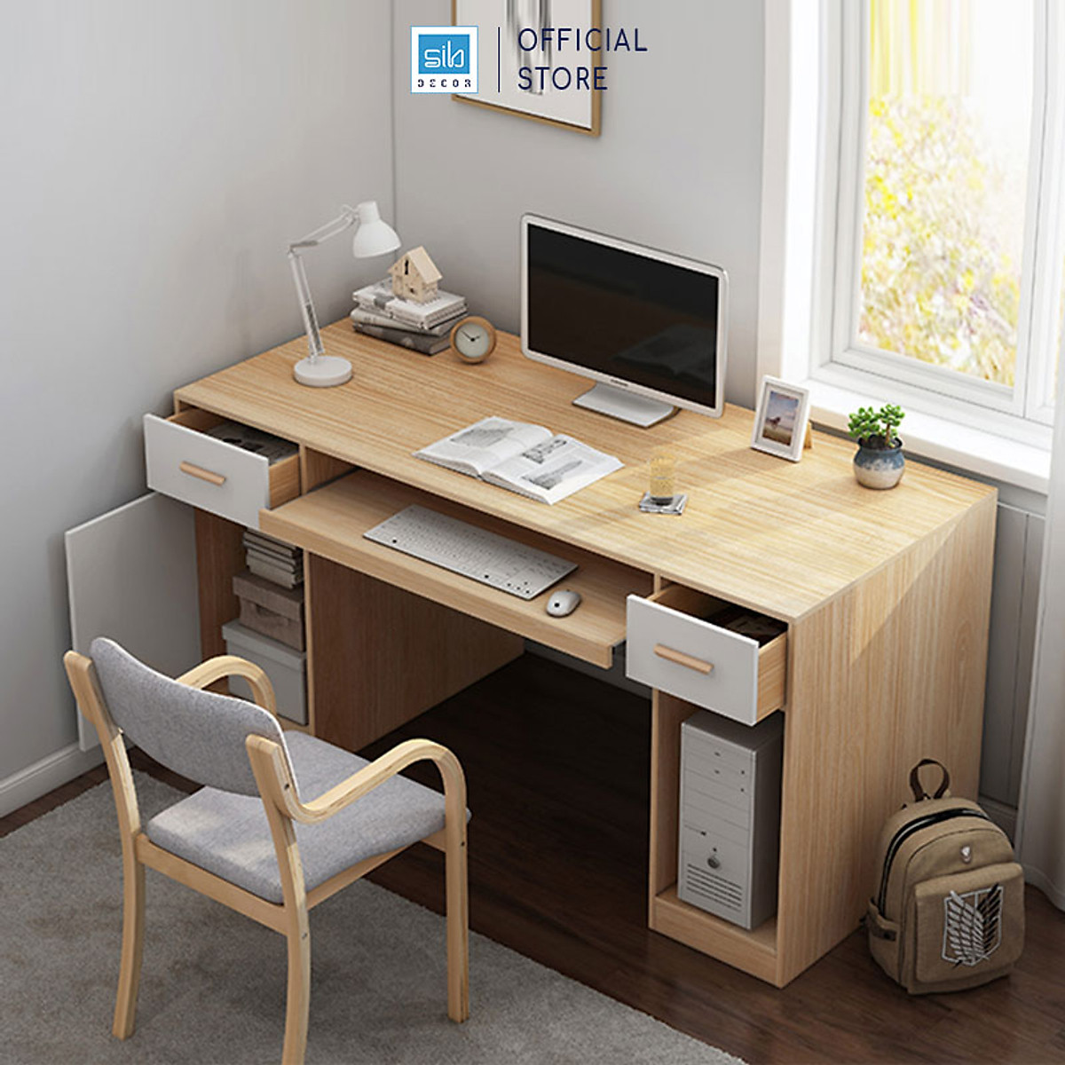 Bàn Học Tập, Bàn Làm Việc Kết Hợp Ngăn Kéo Và Ngăn Đỡ PC Hiện Đại, Đa Năng SIB Decor BLV63