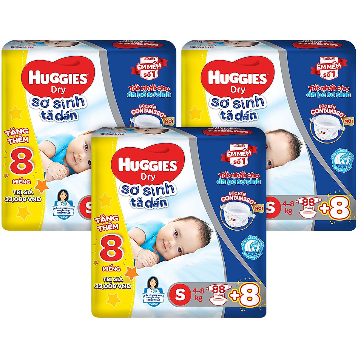 Combo 3 Gói Tã Dán Sơ Sinh Huggies S88 (4kg-8kg) - Gói 88 Miếng - Tặng 8 miếng