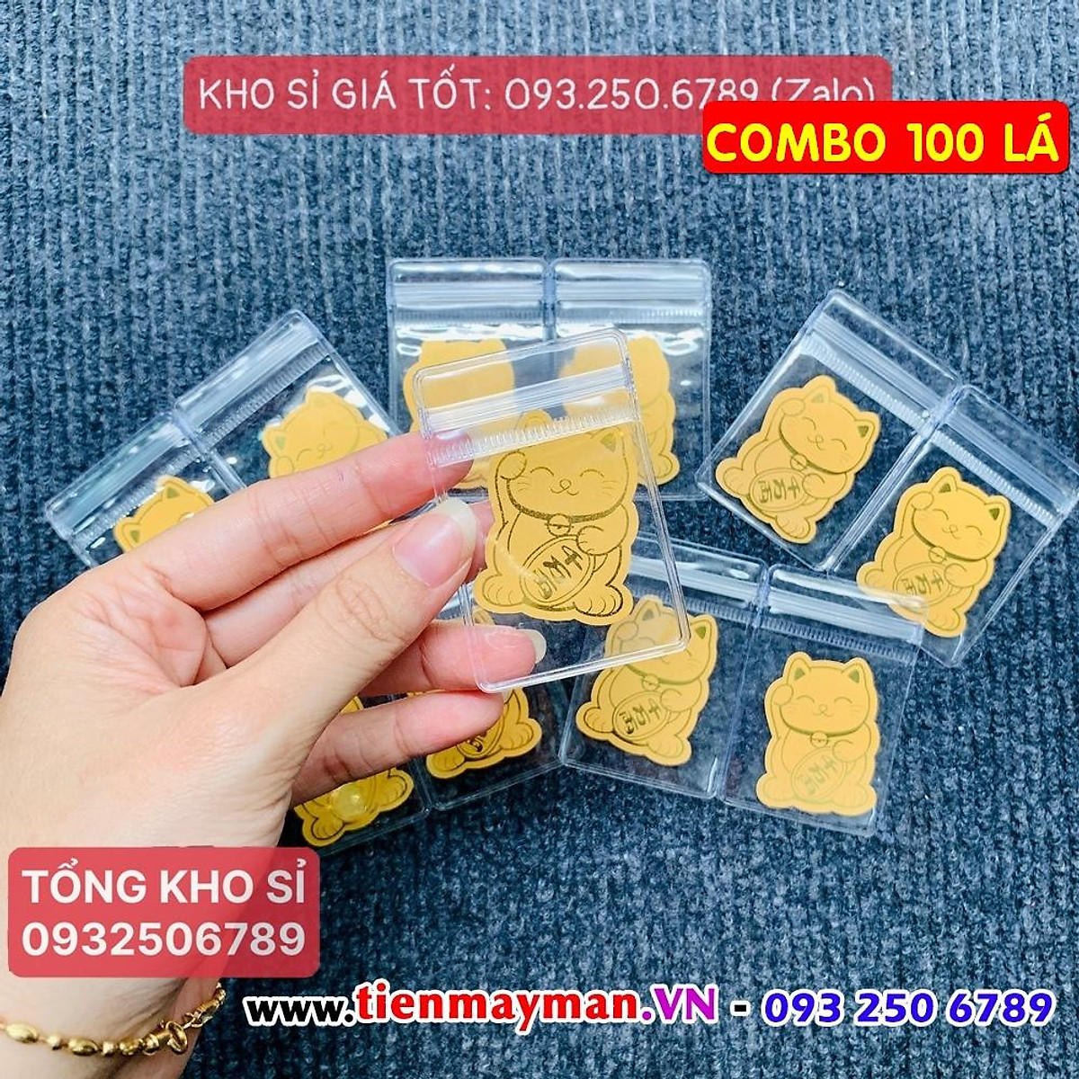 SỈ 100 Lá] Miếng dán mèo thần tài mạ vàng 24k rước lộc vào nhà - Chiêu