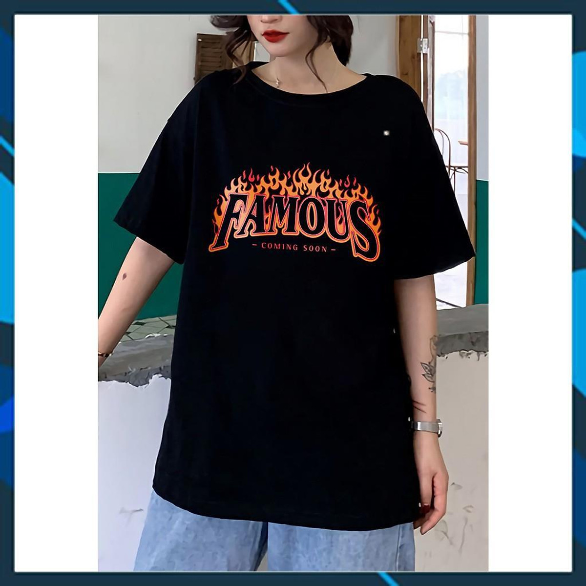 Áo thun Unisex Tay lỡ Form rộng Freesize màu đen in mặt trước FAMOUS
