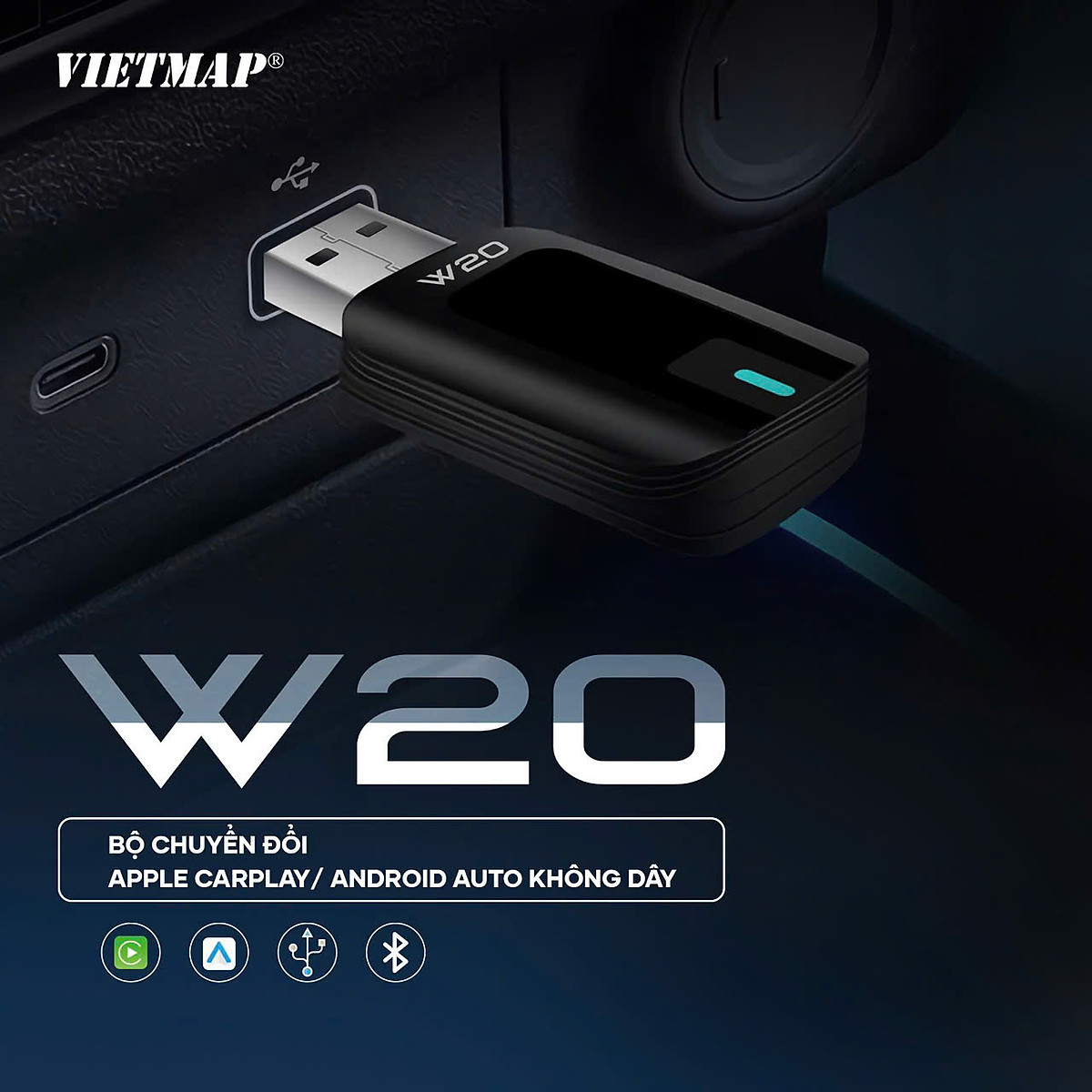 VIETMAP W20 - Thiết bị chuyển đổi CarPlay/ A.ndroid Auto không dây - Hàng chính hãng